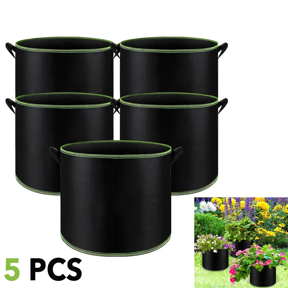 5 Pack Fabric Grow Pots Round Aeration Plant Pots Grow Bags 3-15 Gallon Black
