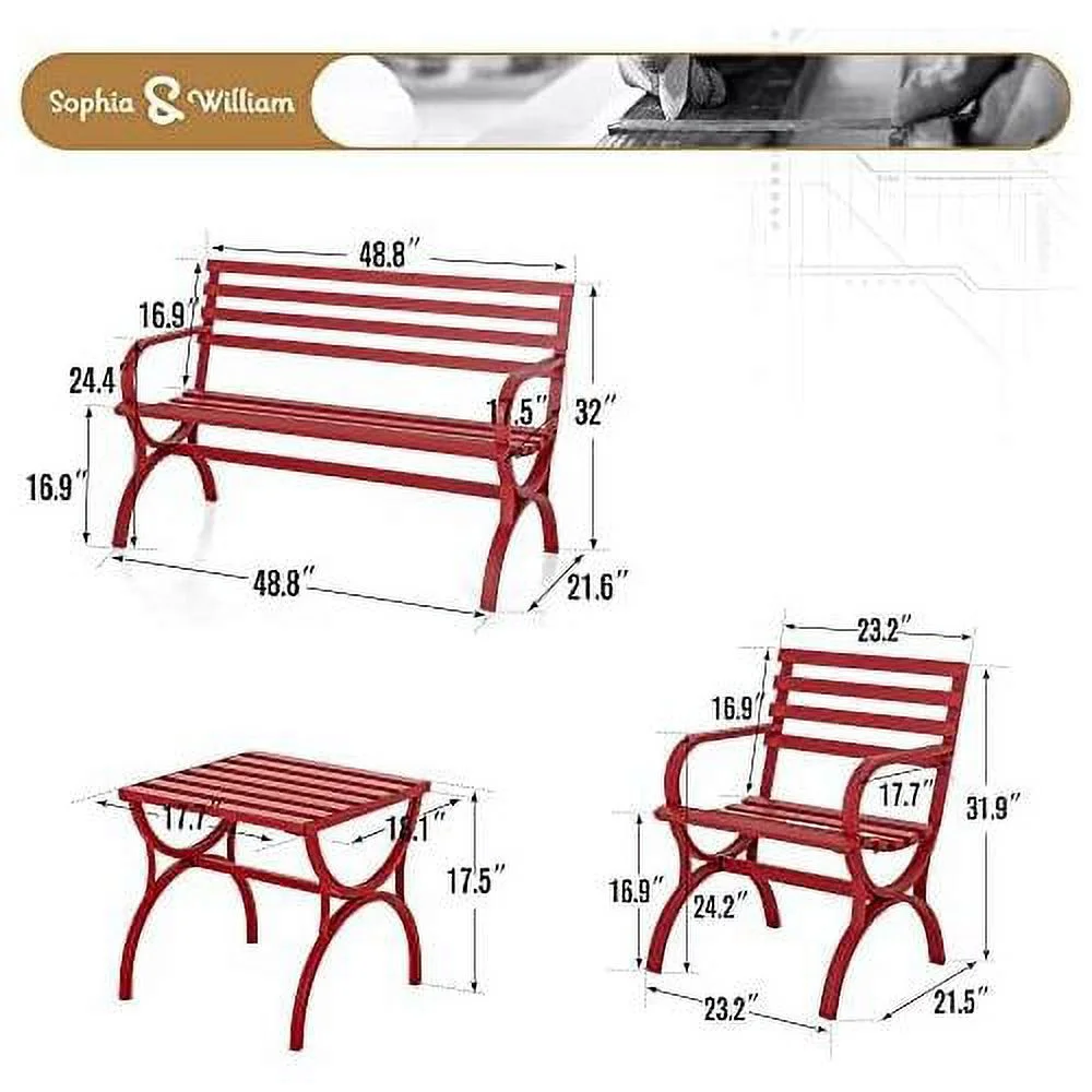 Outdoor Garden Bench Set, 3 Piece Patio Metal Conversation Set With Patio Metal Park Bench For 3 People, Single Seater Chair & Patio Side End Table For Porch Lawn Yard Deck, Red