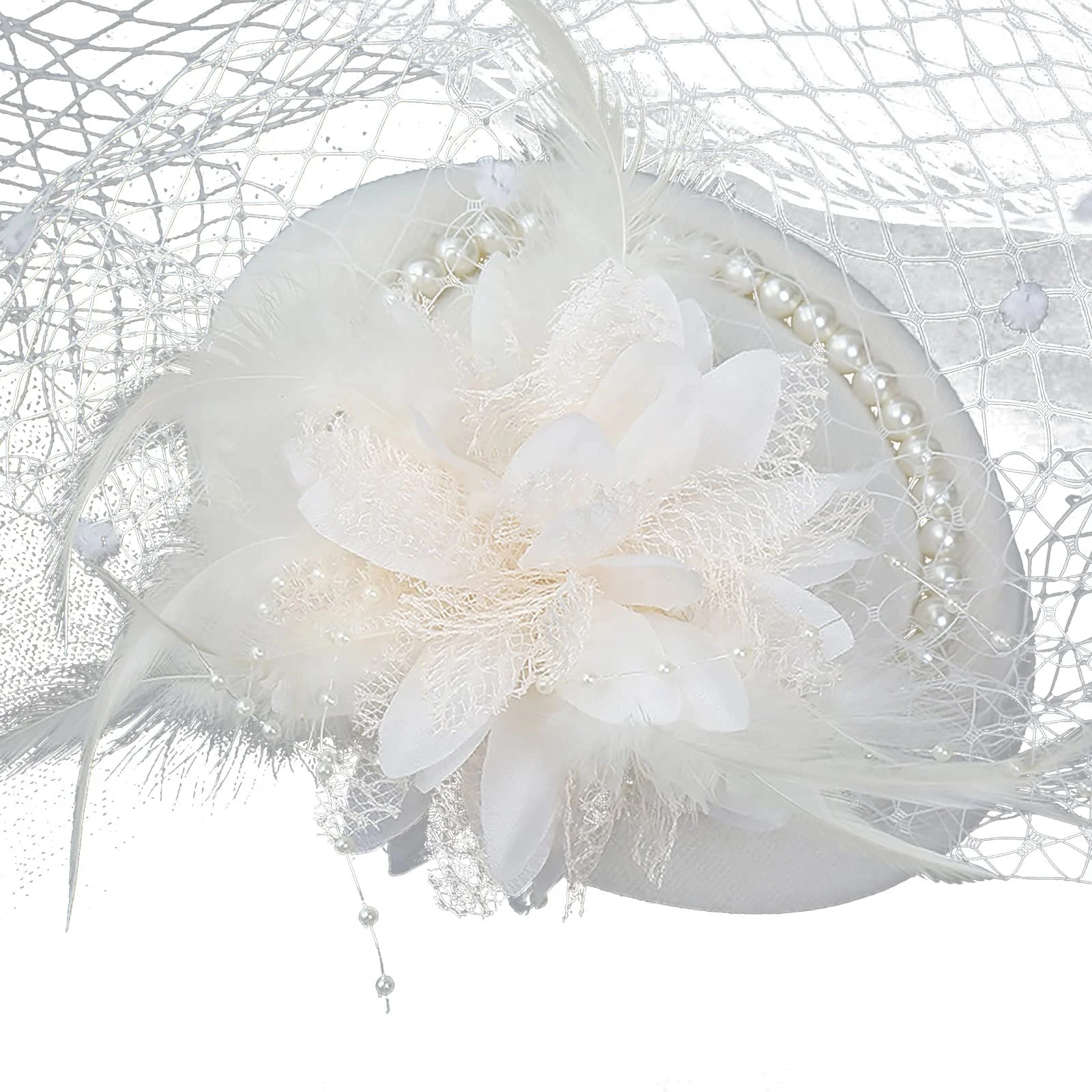 YALFJV Women Pearl Mesh Fascinator Hat With Bride Wedding Party Headdress Ladies Feather Flower Pillbox Hat Hair Accessories White Spiral Slide Metal Womens Barrettes S