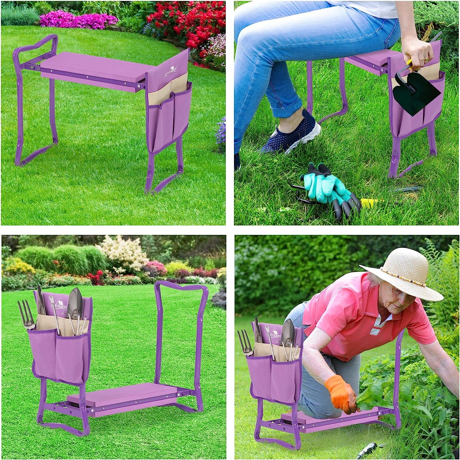 Karmas Product Garden Kneeler and Seat Folding Kneeling Bench Stool with Tool Pouches Soft EVA Foam for Gardening, Asiento Garden Kneeler, Purple