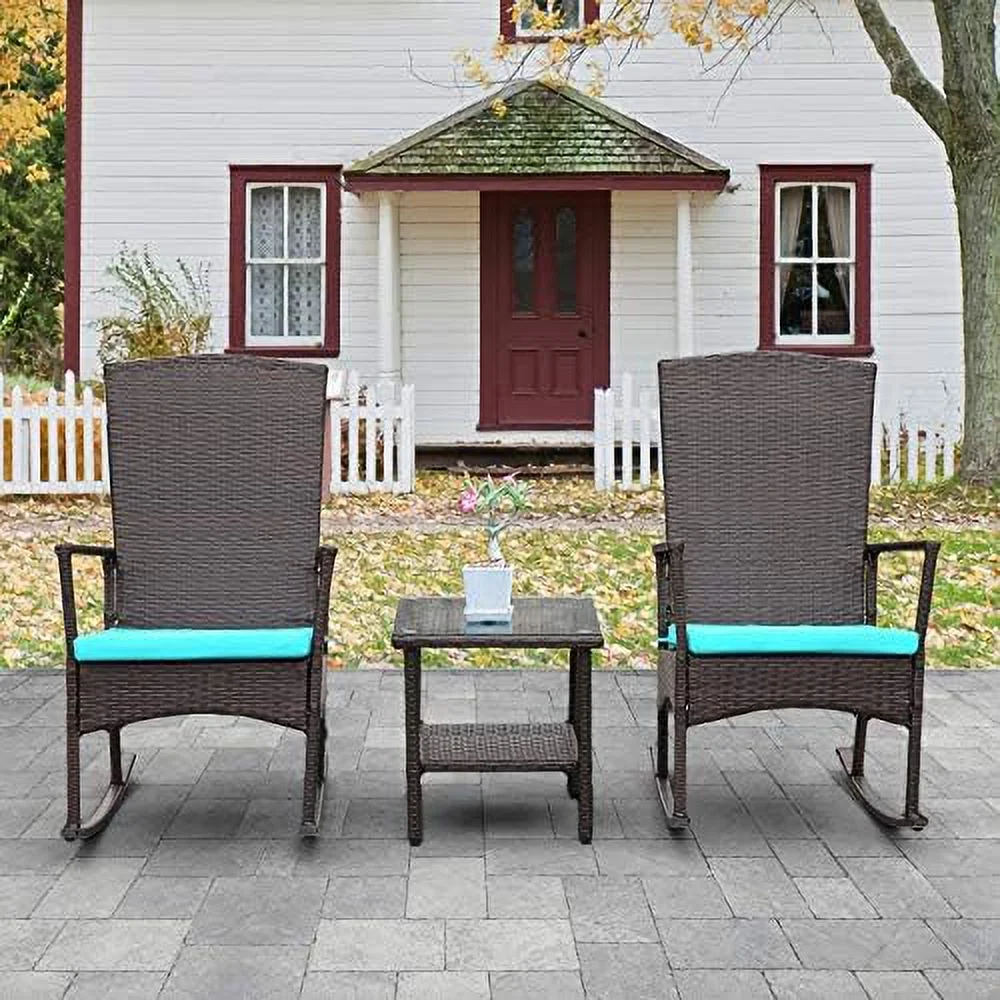 HBLUKDL Outdoor PE Wicker Porch Rocking Chair 3 Piece Patio  Garden Conversation  Brown Rattan with Glass Top Coffee Table  Turquoise Cushion