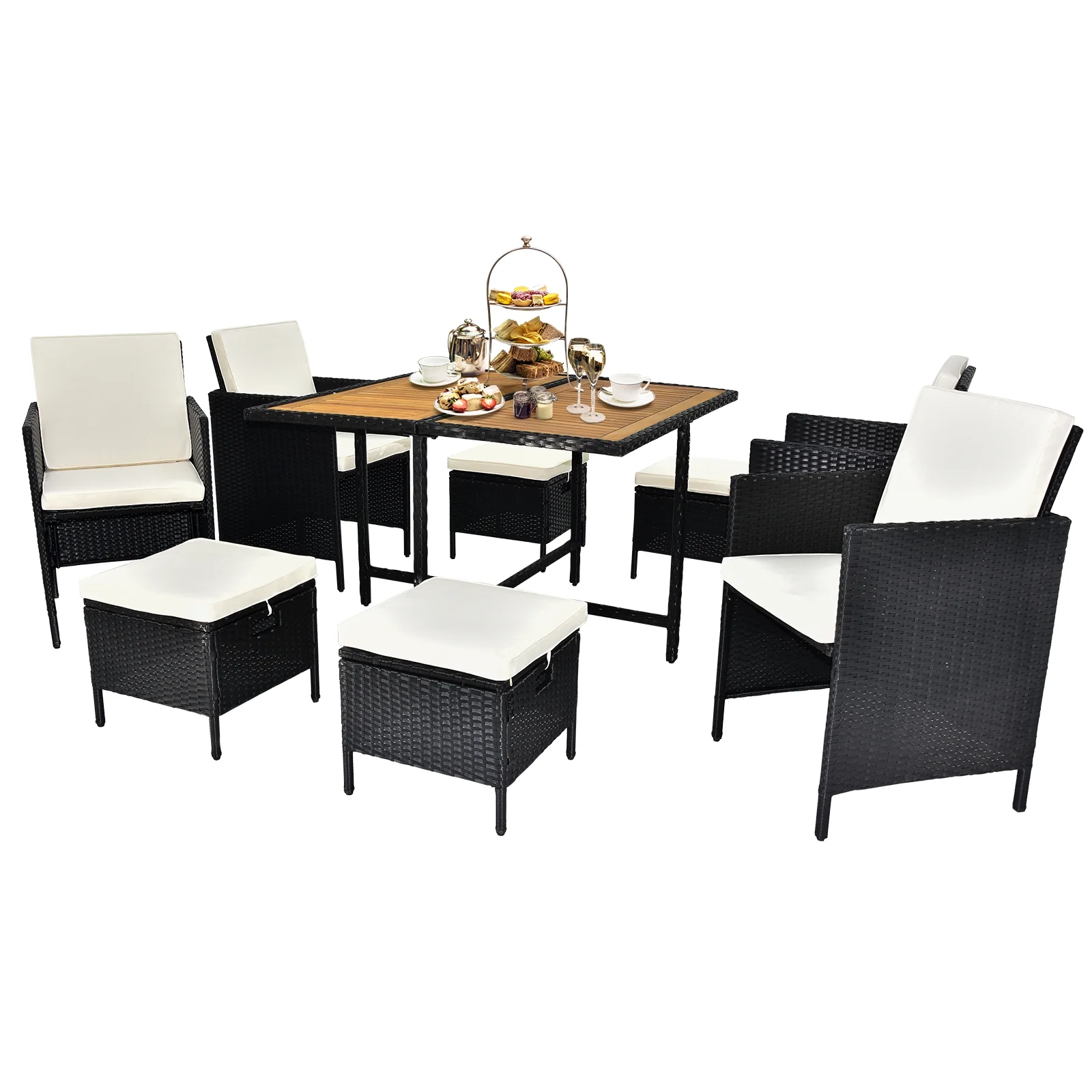 9 Piece Acacia Wood Patio Dining Set, Space Saving Wicker Chairs with Soft Cushions and Wood Table, Outdoor Furniture Set for Garden Yard Poolside, Black