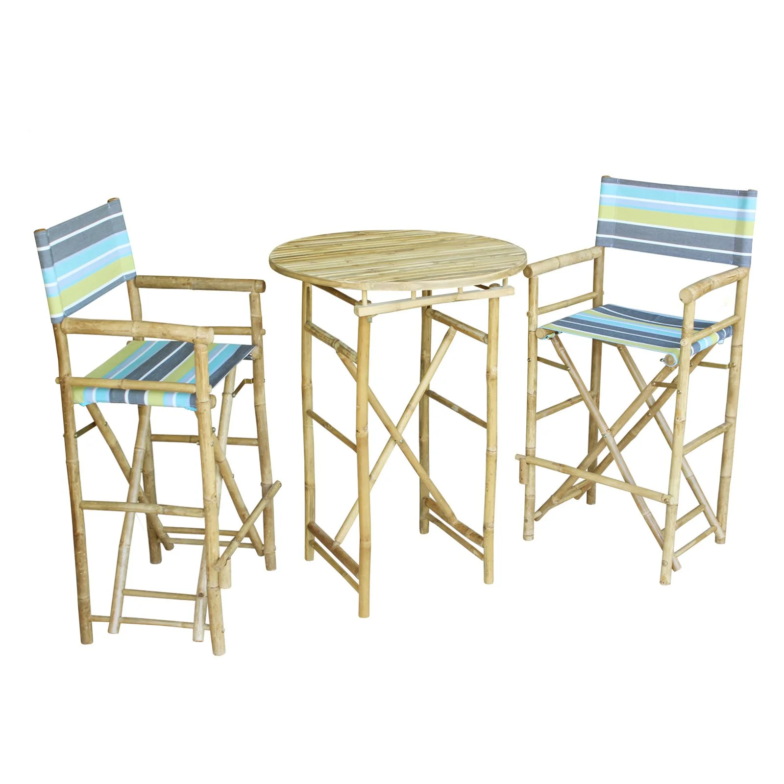 Zew Hand Crafted 3 Piece Round Folding Bamboo Bar Height Patio Dining Set
