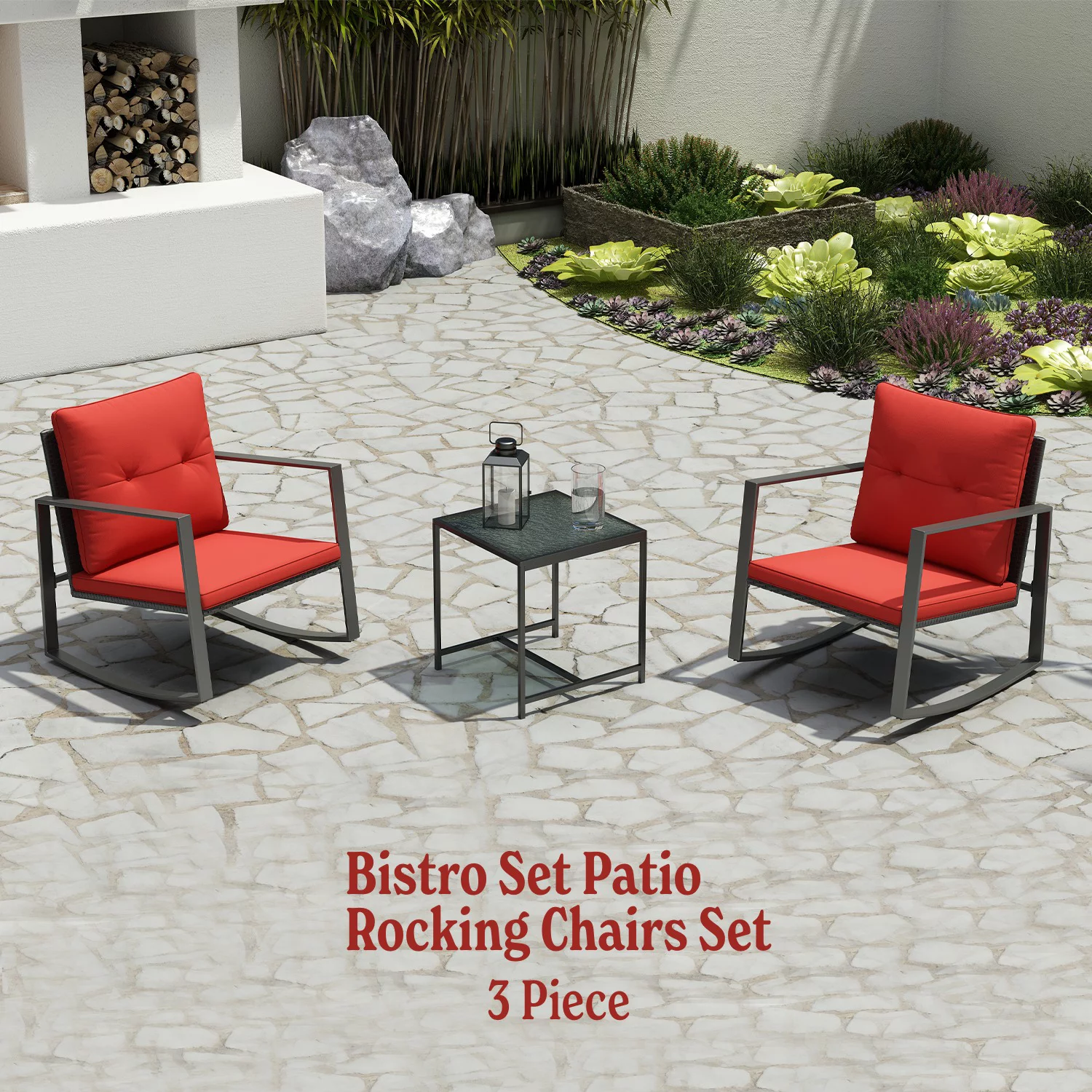 Lilac 3-Piece Patio Modern Furniture Set - A Solid Coffee Table With Two Plush Cushioned Chairs - Red