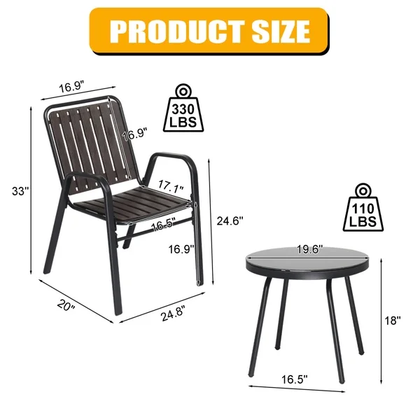 SYTHERS 3-Piece Outdoor Furniture Set, Patio Bistro Table Set with 2 Stackable Patio Dining Chairs and Glass Table, Black and Coffee for Yard Balcony Porch