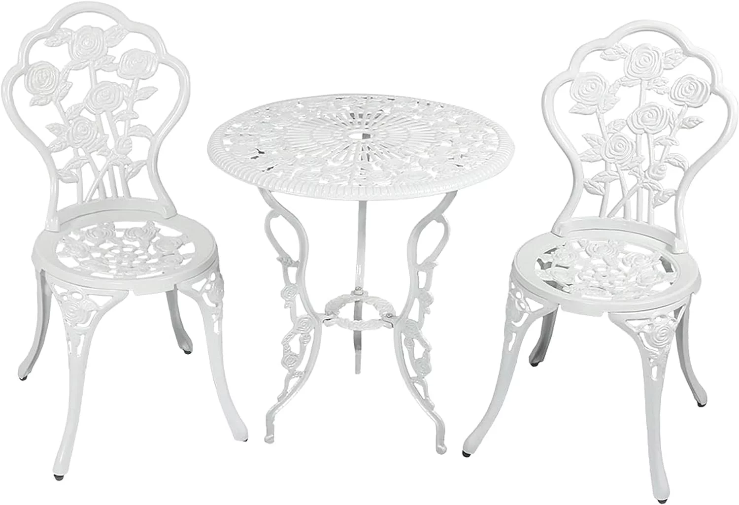 Flower Designed Bistro Table Set With 2 Chairs, Outdoor Cast Aluminum, White