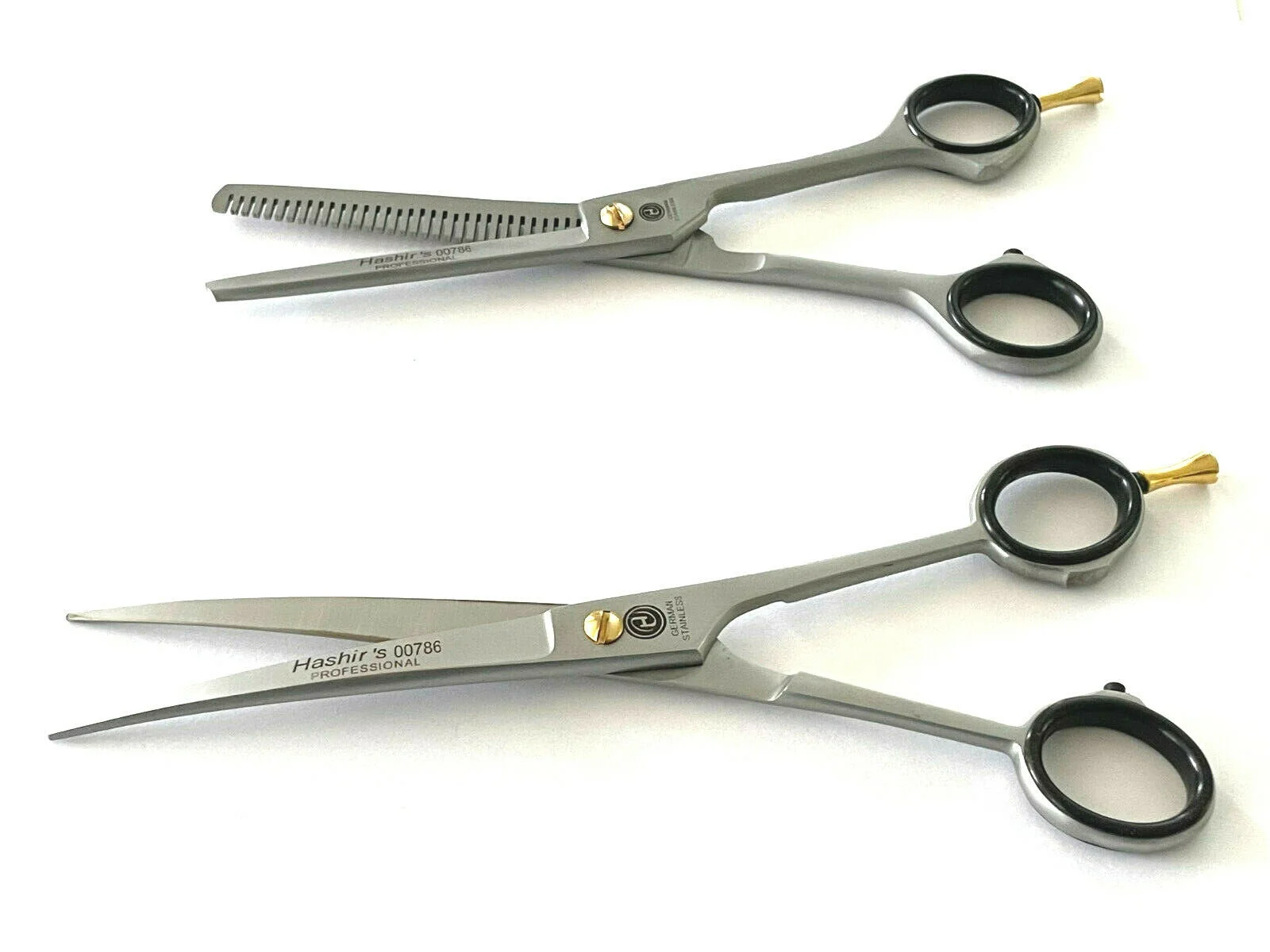 2PCS GERMAN Curved Barber Hair Trimming Scissors + Single Teeth Thinning Shears