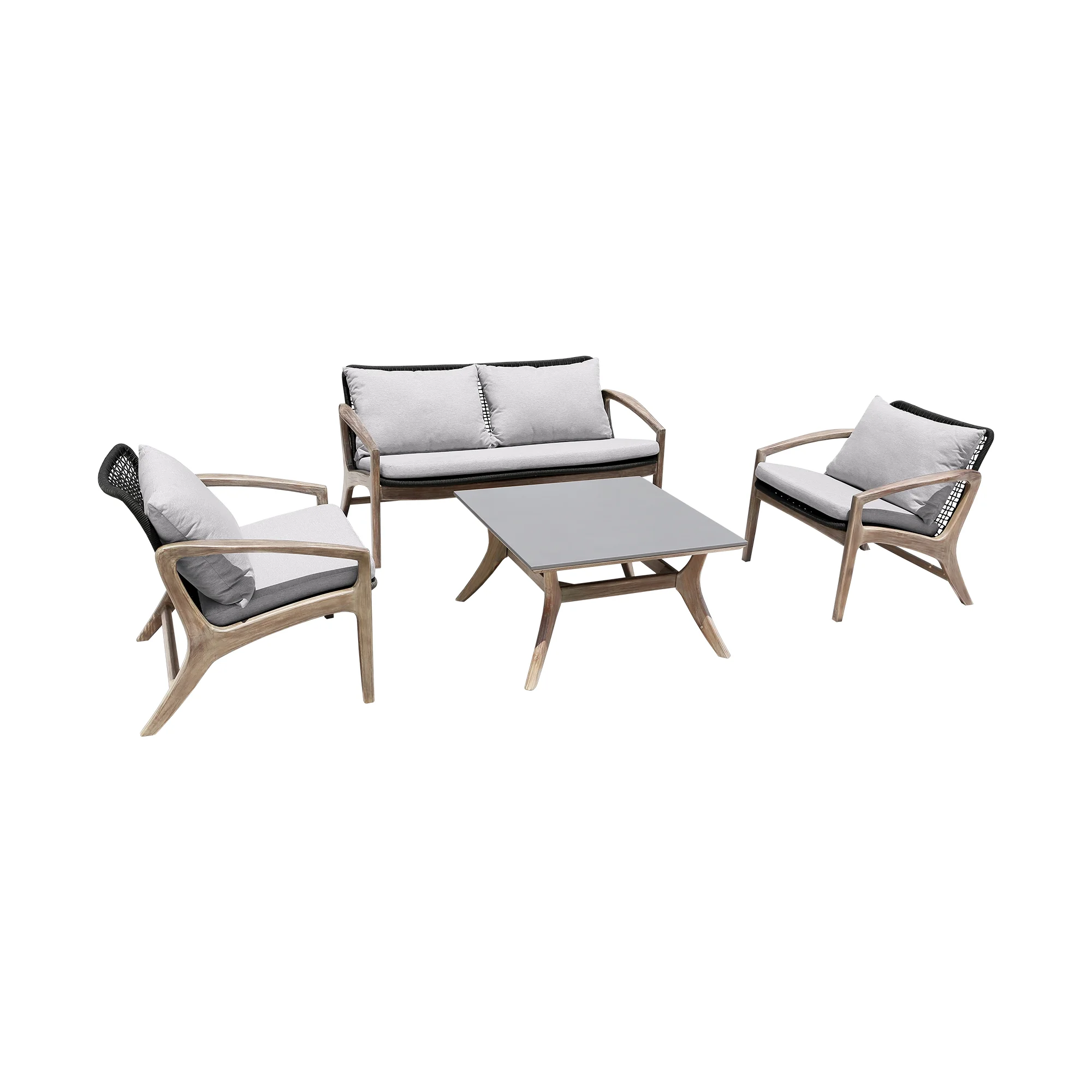 Brighton 4 Piece Outdoor Patio Seating Set in Light Eucalyptus Wood with Charocal Rope and White Cushions