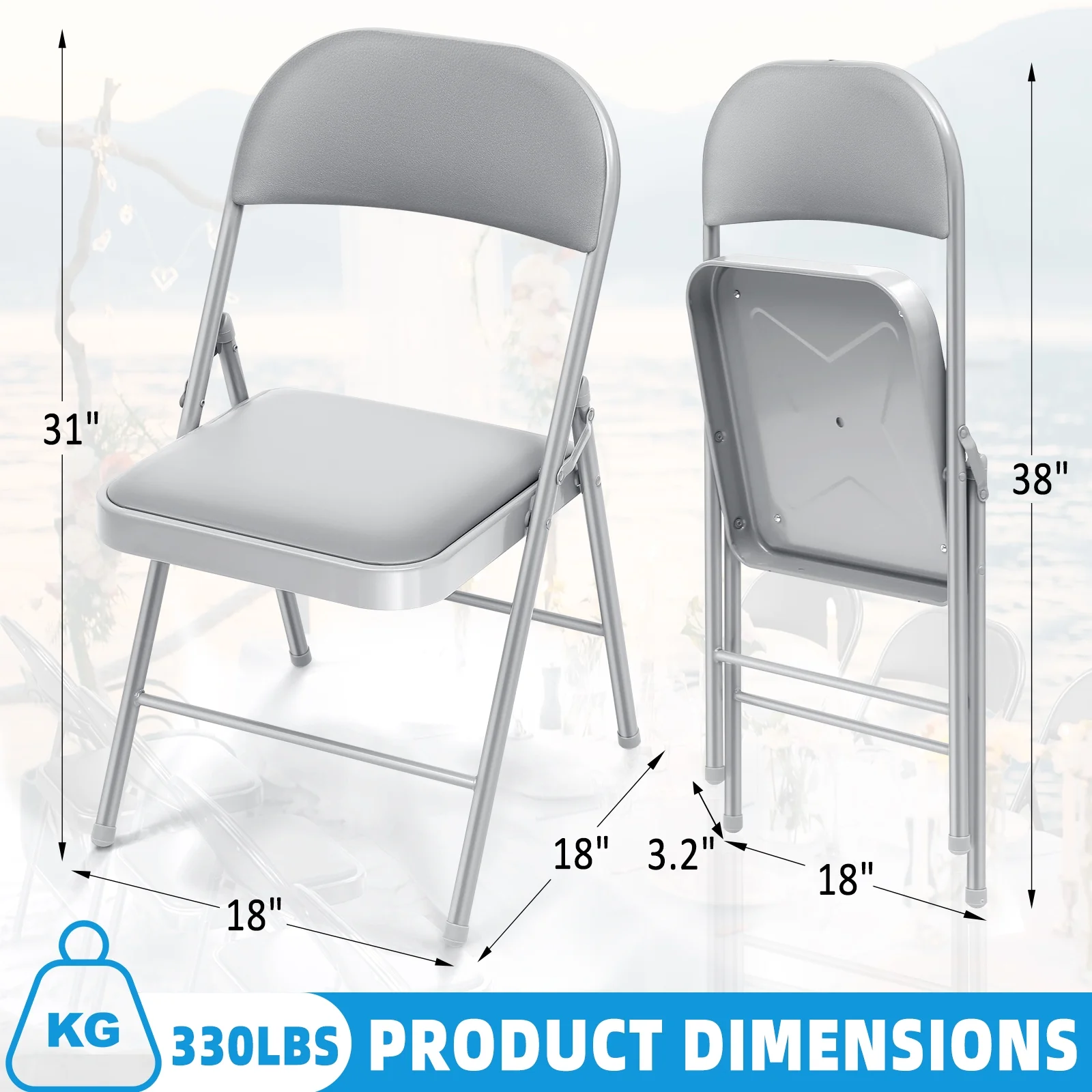 HONGGE Folding Chairs with Padded Seats, Metal Frame with Vinyl Seat & Back, Capacity 350 lbs, Gray, Set of 4