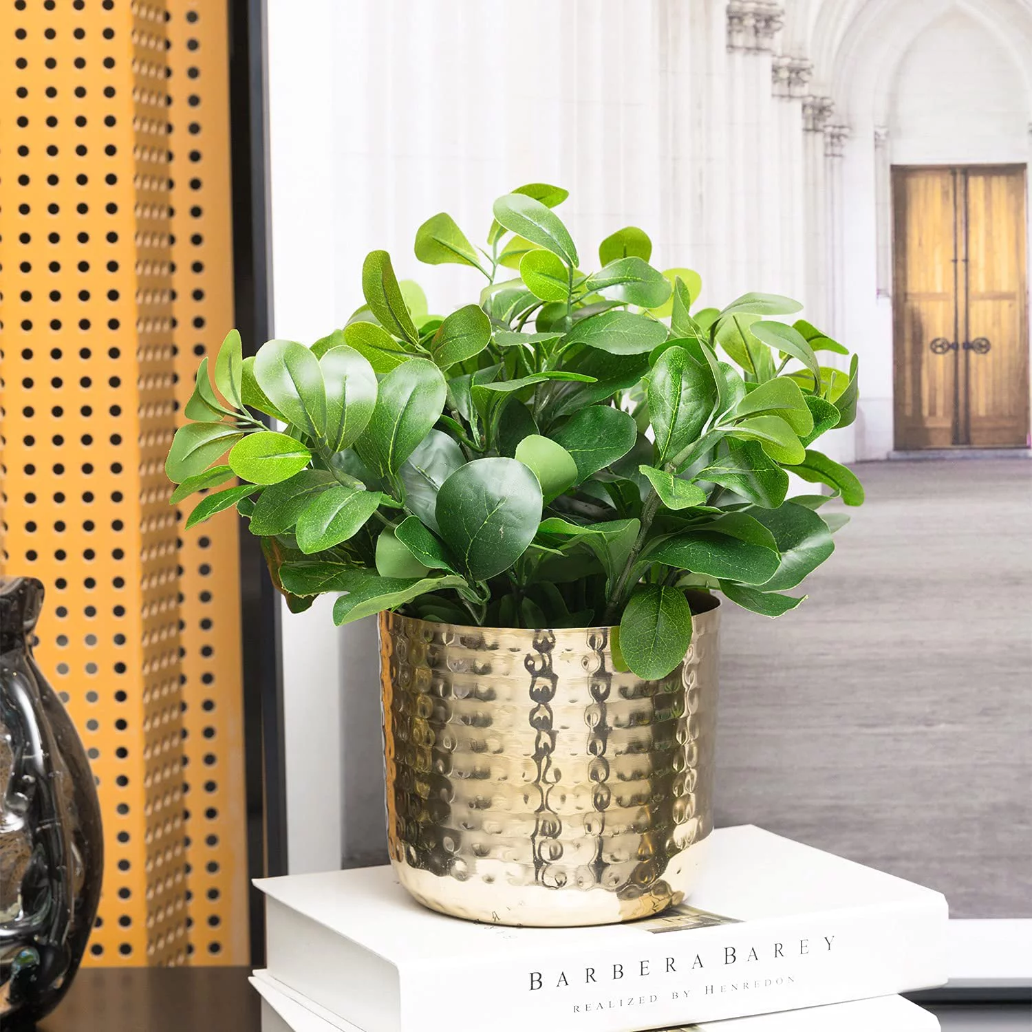 MyGift 2 Piece Hammered Style Cylindrical Planter Pots, Brass Plated Metal