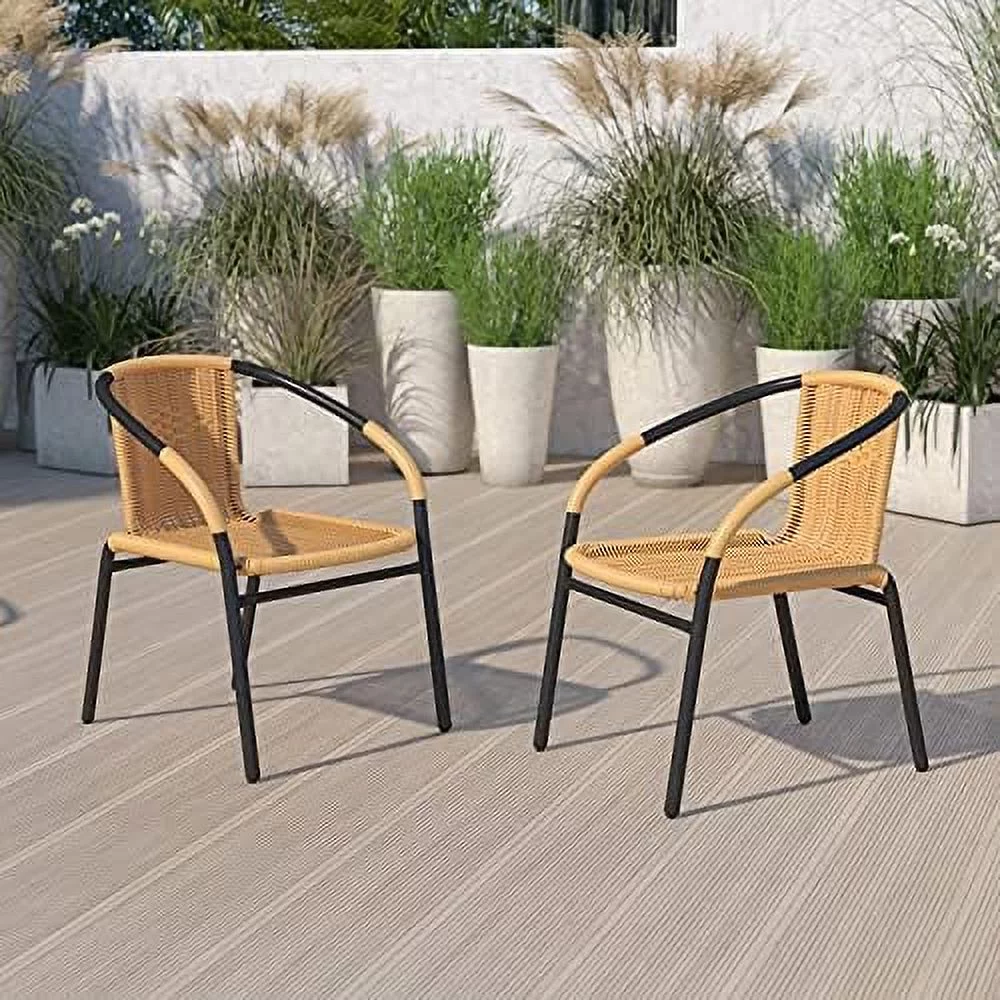 HBLUKDL 2 Pack Black Rattan Indoor-Outdoor Restaurant Stack Chair with Curved Back