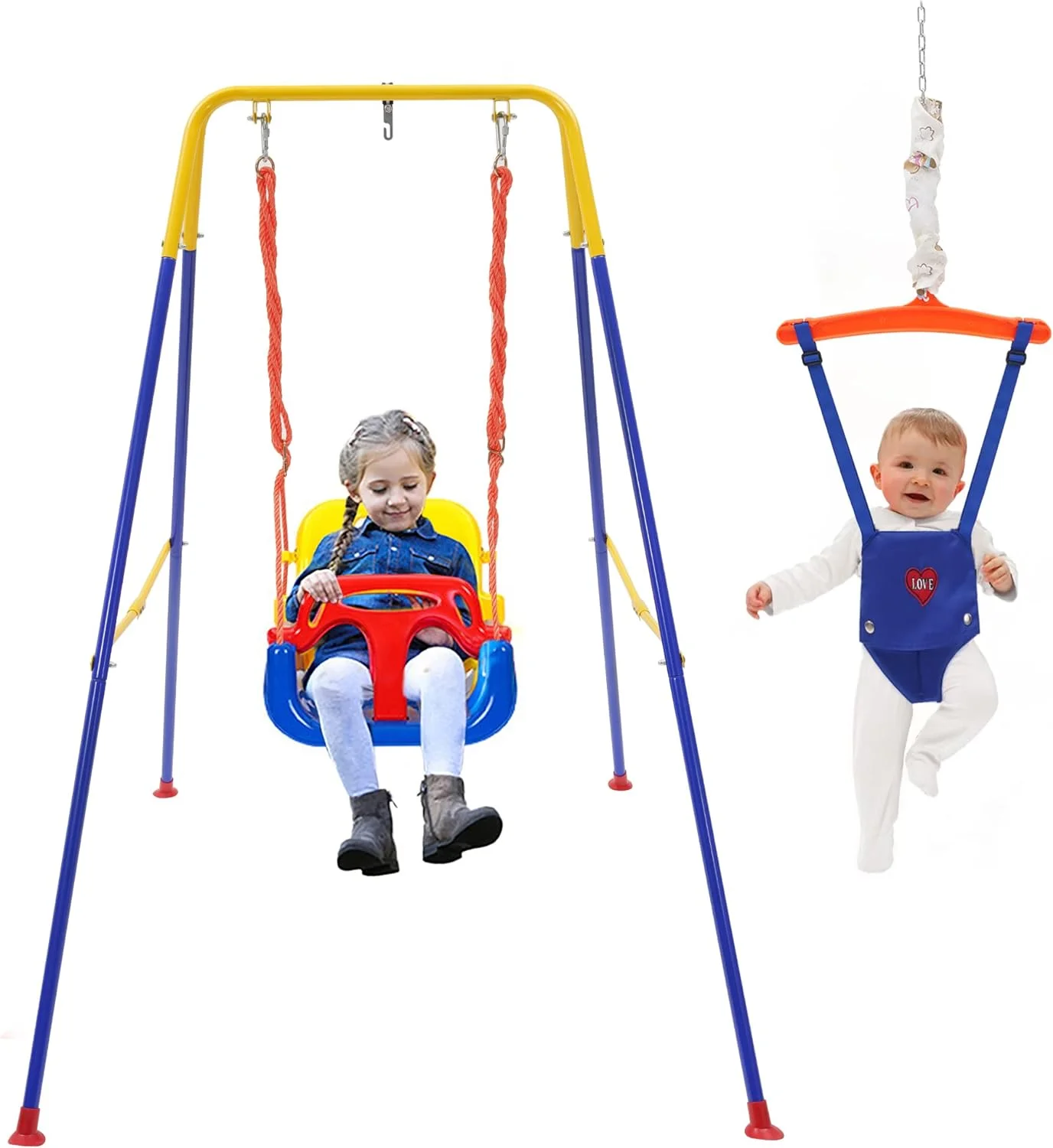 3-in-1 Swing Set for Toddler & Baby, Baby Swing Indoor/Outdoor Play, Baby Swing& Bouncer Foldable Metal Stand Easy to Assemble and Store.