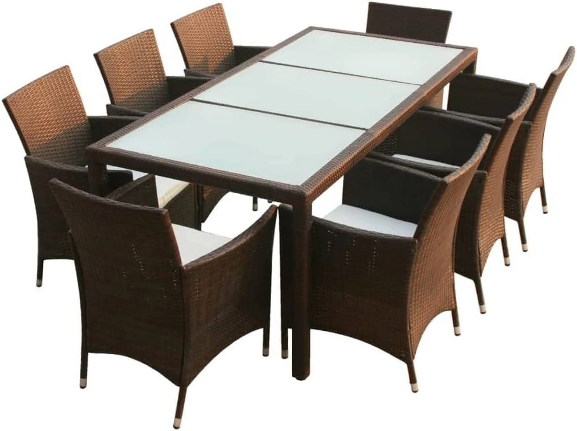 9 Piece Patio Dining Set with Cushions  Outdoor Garden Patio Furniture Dining Table Set with 1 Table with a Glass Top  8 Rattan Chairs for Patio  Deck  Balcony  Brown
