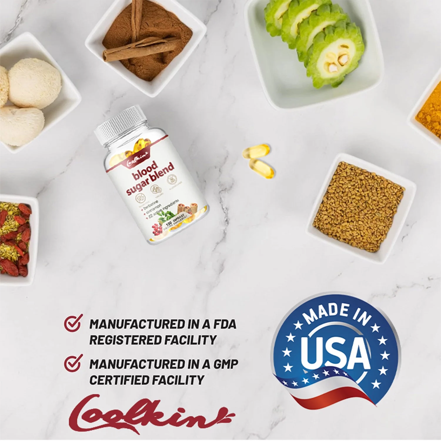 Coolkin Blood Sugar Blend 800mg -with Berberine & Cinnamon - Glucose Balance & Control(30/60/120pcs)