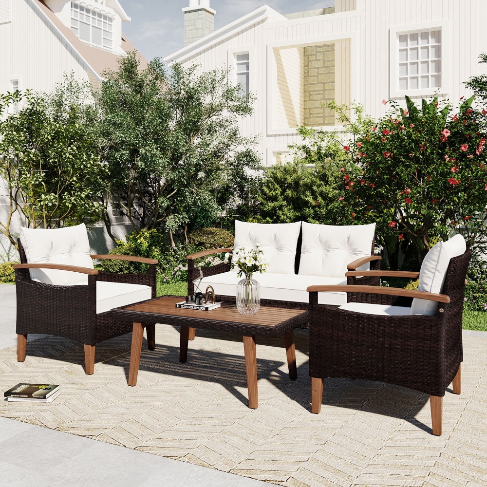 4-Piece Garden Furniture, Patio Seating Set, PE Rattan Outdoor Sofa Set, Wood Table and Legs, Brown and Beige