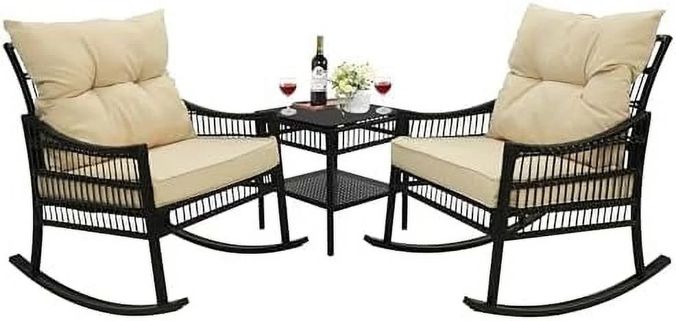 QYFZBIM 3-Piece Outdoor Rocking Chair Wicker  with Table and Cushions  Patio Rattan Rocker  for Porch  Beige