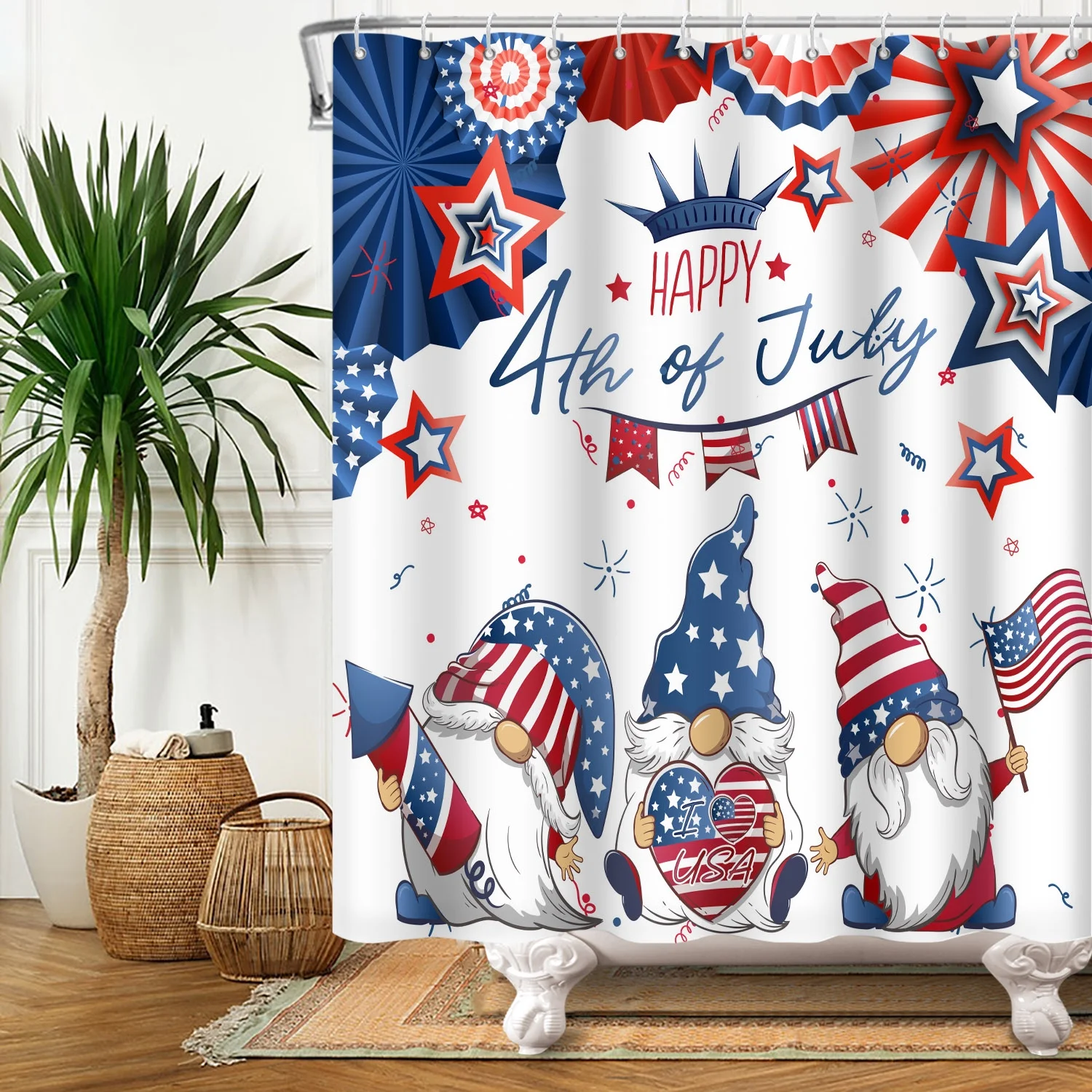 SUNOLIFE 4th of July Shower Curtain,Patriotic Independence Day Gnome Waterproof Fabric Bathroom Curtain with Hooks,72x72 in