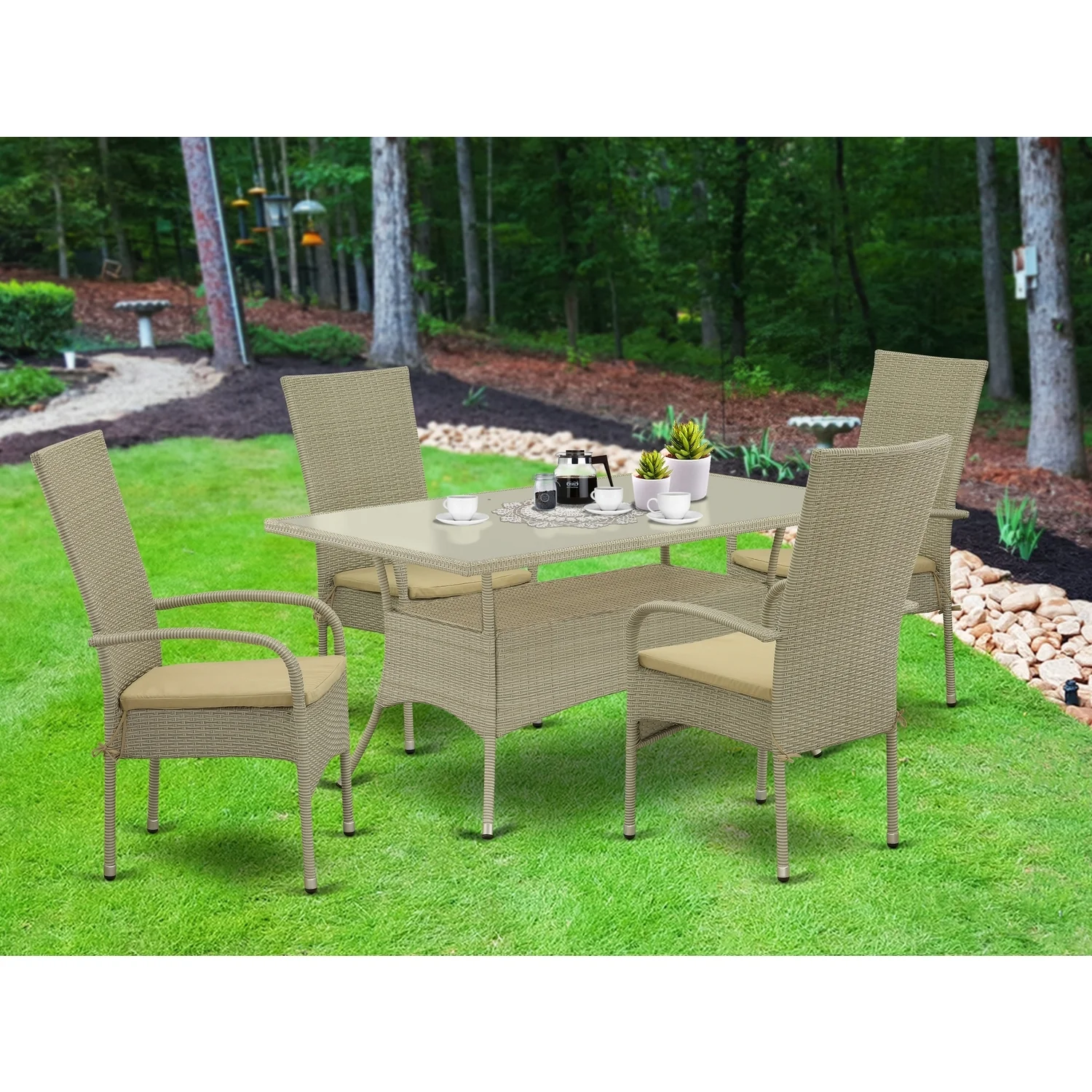 HomeStock African Artistry 5Pc Outdoor-Furniture Natural Color Wicker Dining Set Includes A Patio Table And 4 Balcony Backyard Armchair With Linen Fabric Cushion