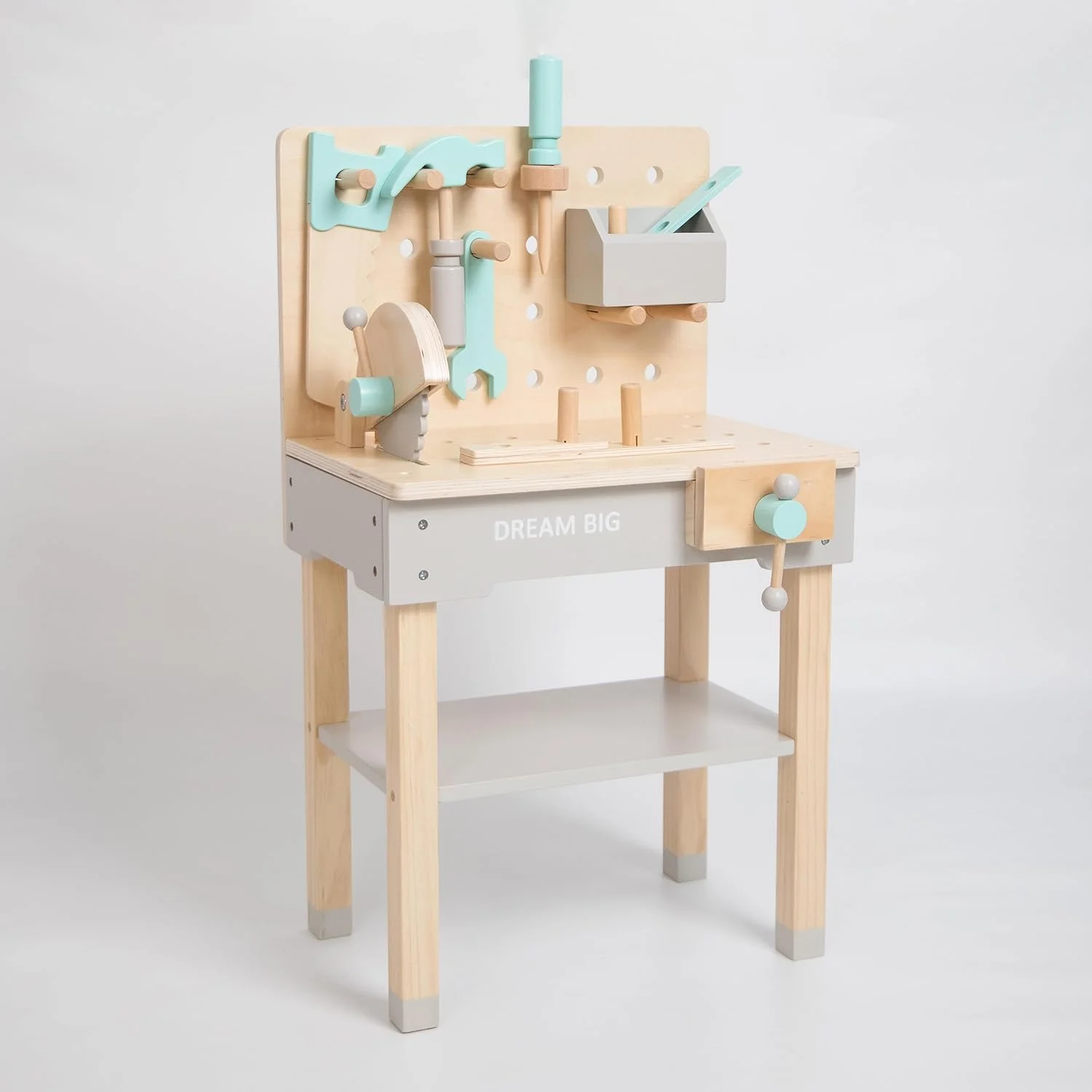 Wooden Workbench & Tool Set & Accessories for Pretend Building Little Builder Play Montessori Contruction, with Hammer, Saw, Wrench, Screw Driver, vice Toy Workbench Blue Version