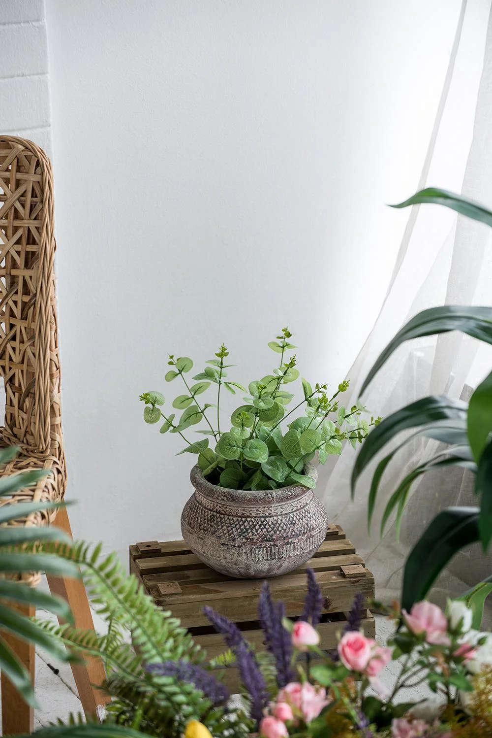 A&B Home Round Terracotta Planter with Textured Tribal Pattern 8.5