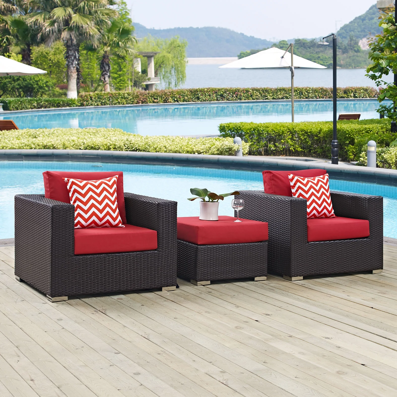 Modern Contemporary Urban Design Outdoor Patio Balcony Three PCS Sofa Set, Red, Rattan