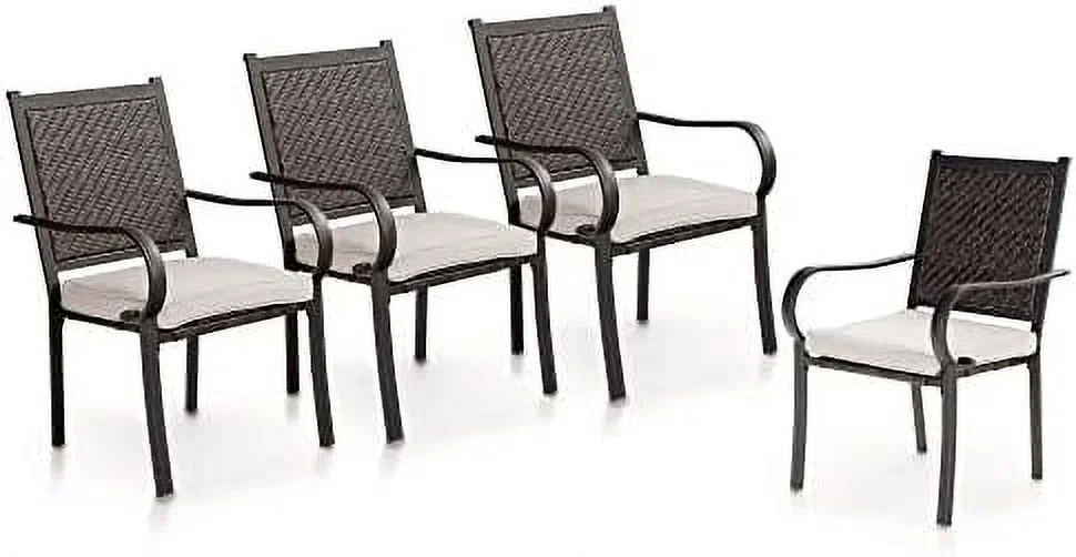 Outdoor Rattan Dining Chairs Set Of 4, Wicker Chairs With Removable Cushion & Metal Frame, For Patio, Deck, Yard, Porch