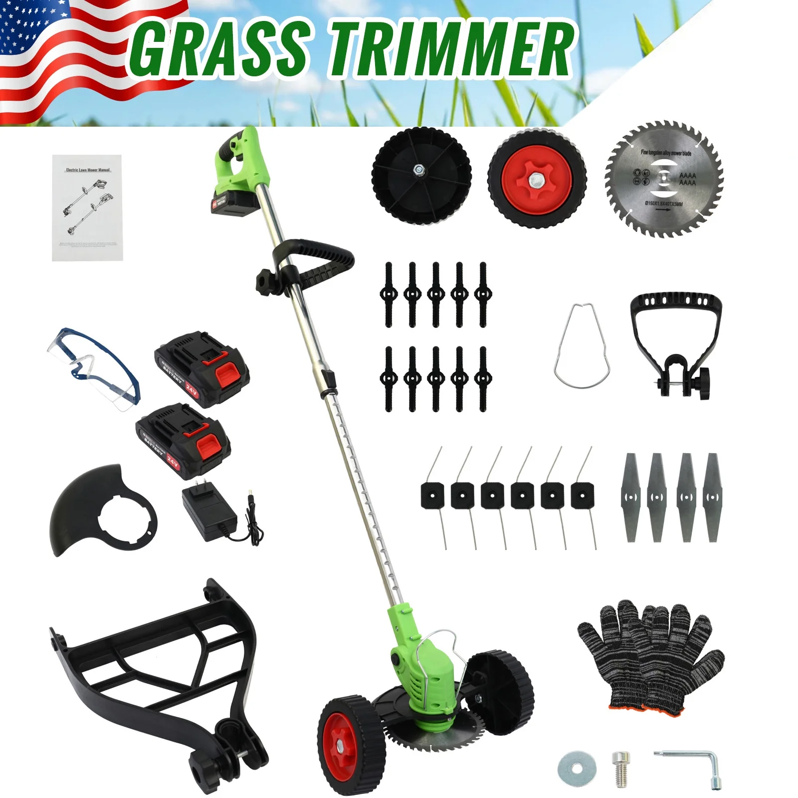 800W Weed Lawn Edger, Battery Weed Eater with Wheels, Weed Wacker Electric, Cordless Grass Trimmer Cutting Tool & 2 Battery, Weed Trimmer for Yards Garden, Green