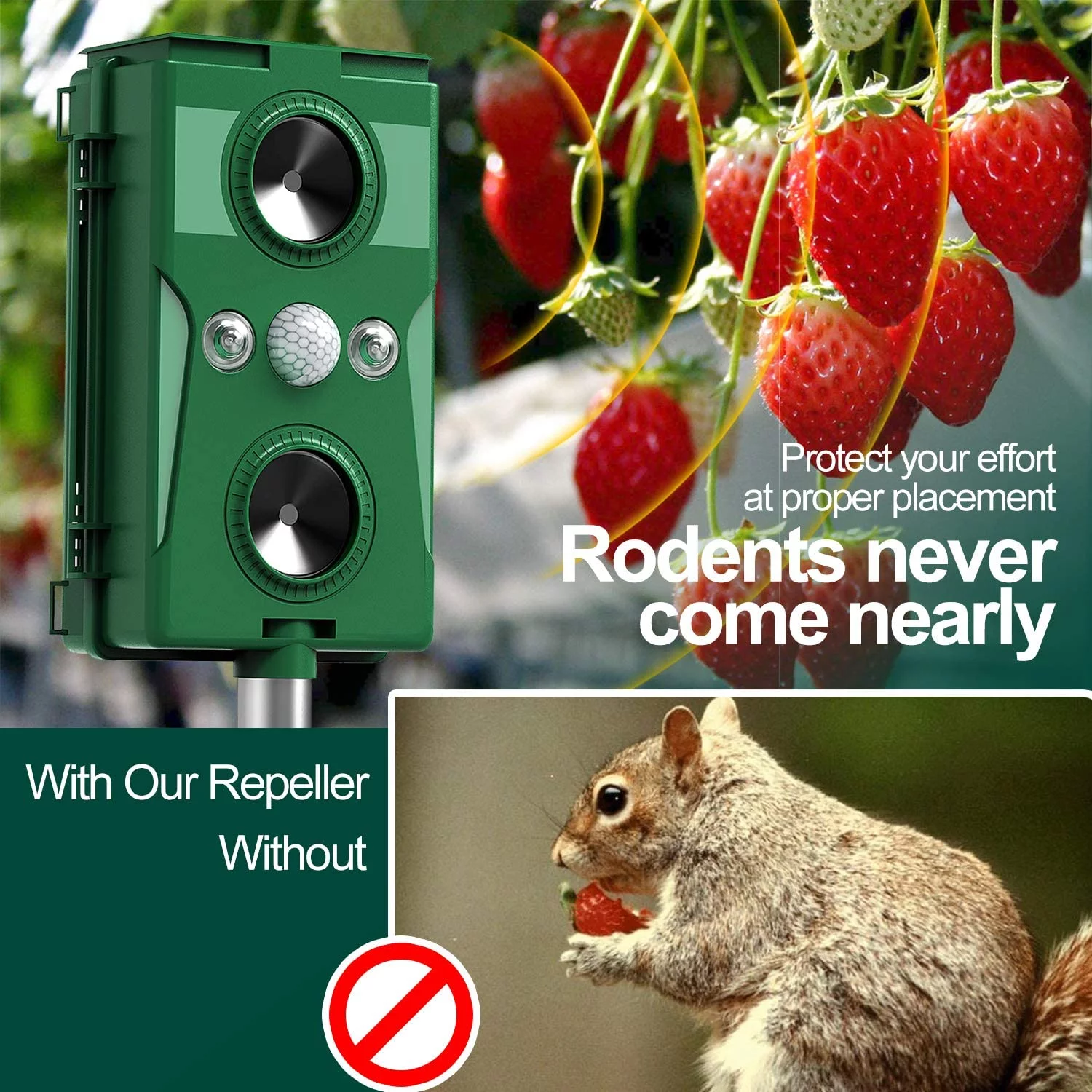 Ultrasonic Animal Repeller Waterproof Solar Powered Rodent Repeller with PIR Motion Activated Flashing LED Light, Repel Dogs, Cat, Squirrels, Raccoon, Rabbit, Skunks, Wild Boars