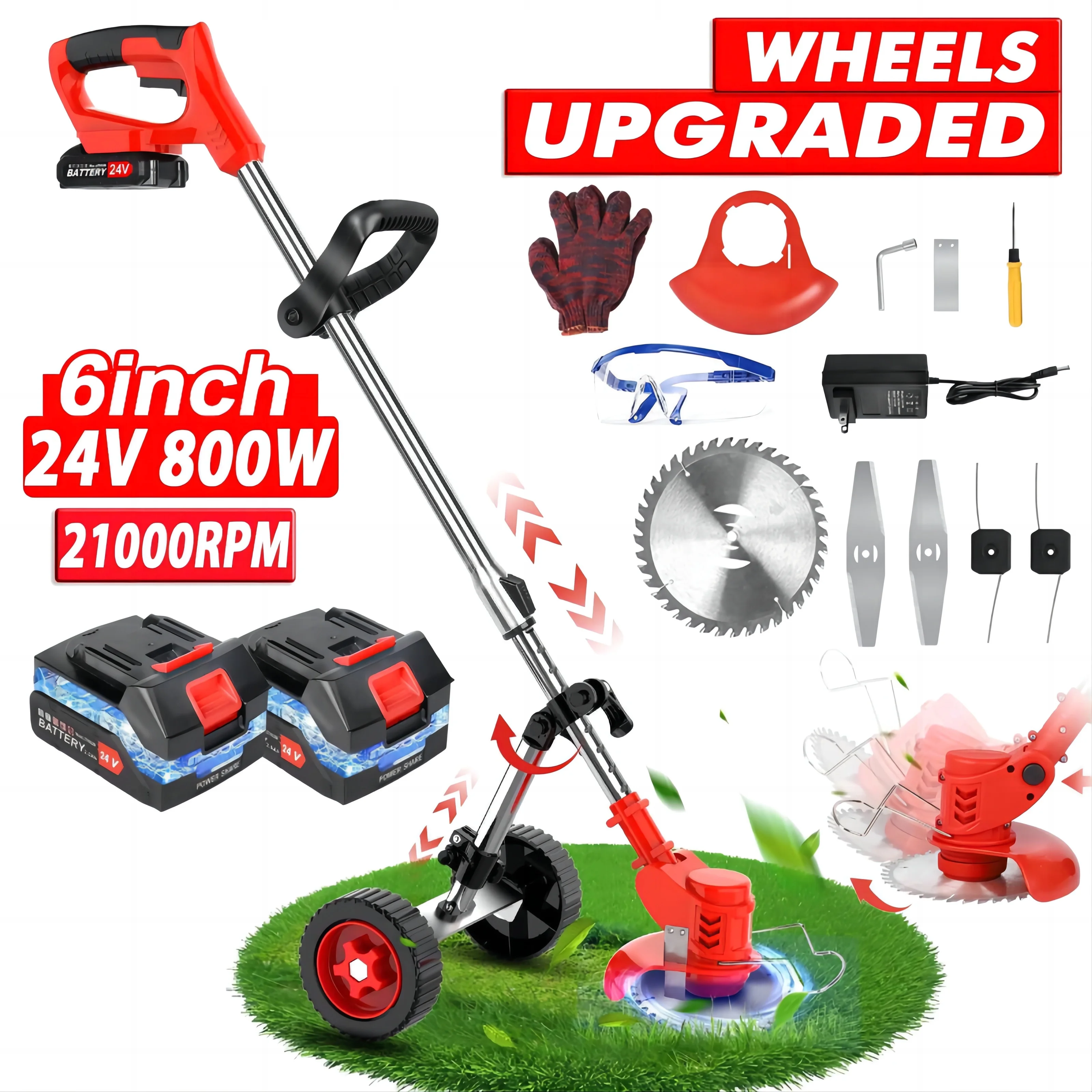 Baokaler Grass Trimmer Cordless Electric Weed Eaters Weed Trimmer, 6 inch Weed Wacker Kit with Upgraded Wheels, 2 Battery Red
