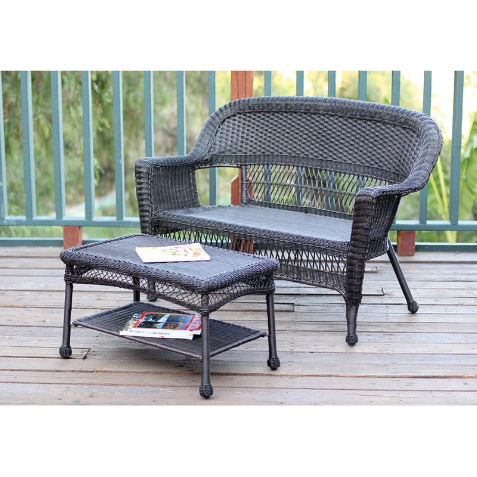 Jeco Wicker Patio Love Seat and Coffee Table Set with Green Cushion-Finish:Espresso
