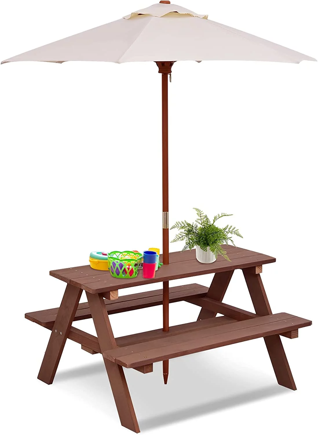 JOY Kids Picnic Table, Outdoor Wooden Table & Bench Set w/Removable Umbrella, Children Backyard Furniture for Patio Garden, Toddler Picnic Table for Outdoors, Gift for Boys Girls, Walnut