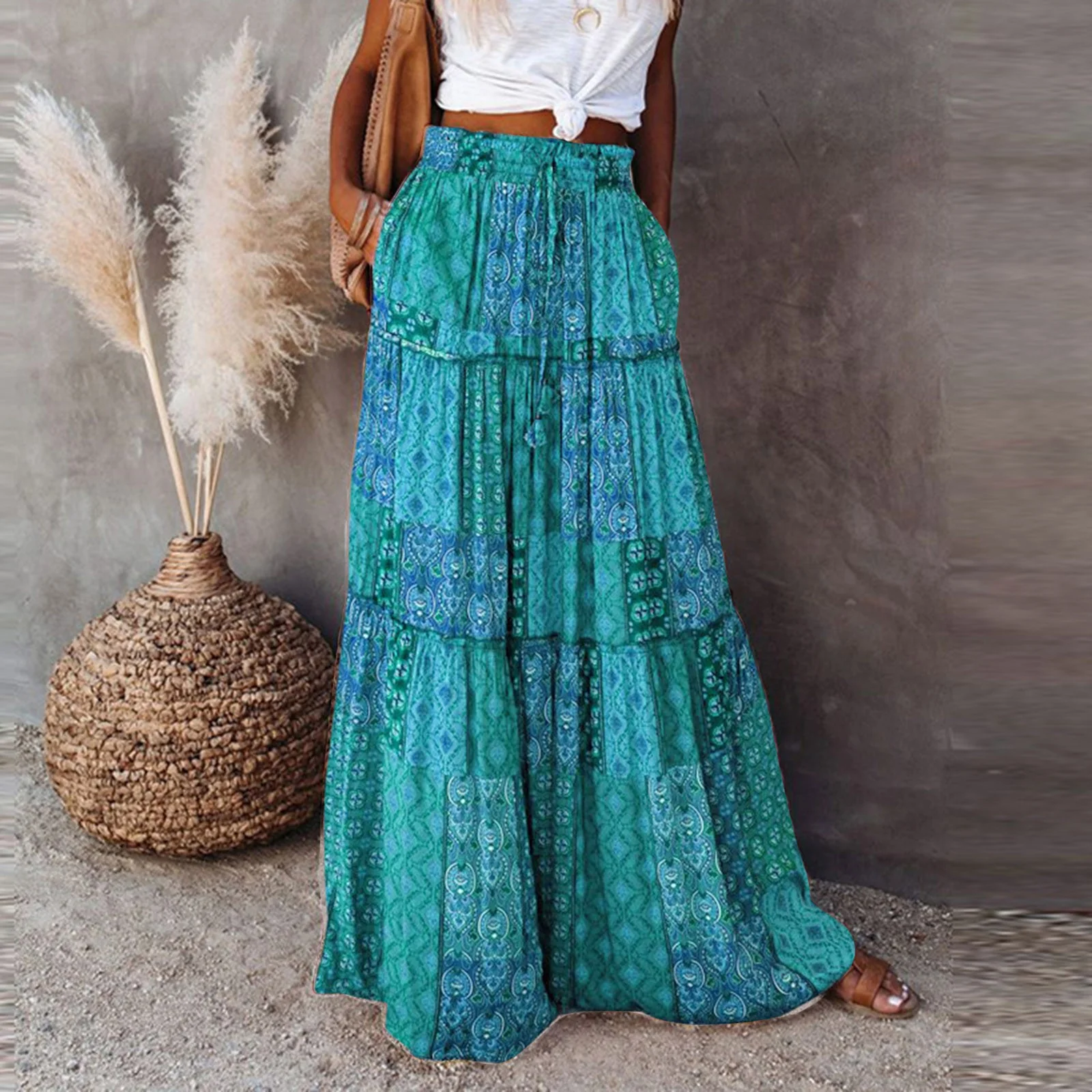 Autumn Cargo Skirt Womens Loose Long Boho Flowers High Elastic Waist With Pockets And Belt Maxi Skirt Pleated Skirt Beach Skirt Casual Maxi Skirts For Women Uk Elasticated Waist