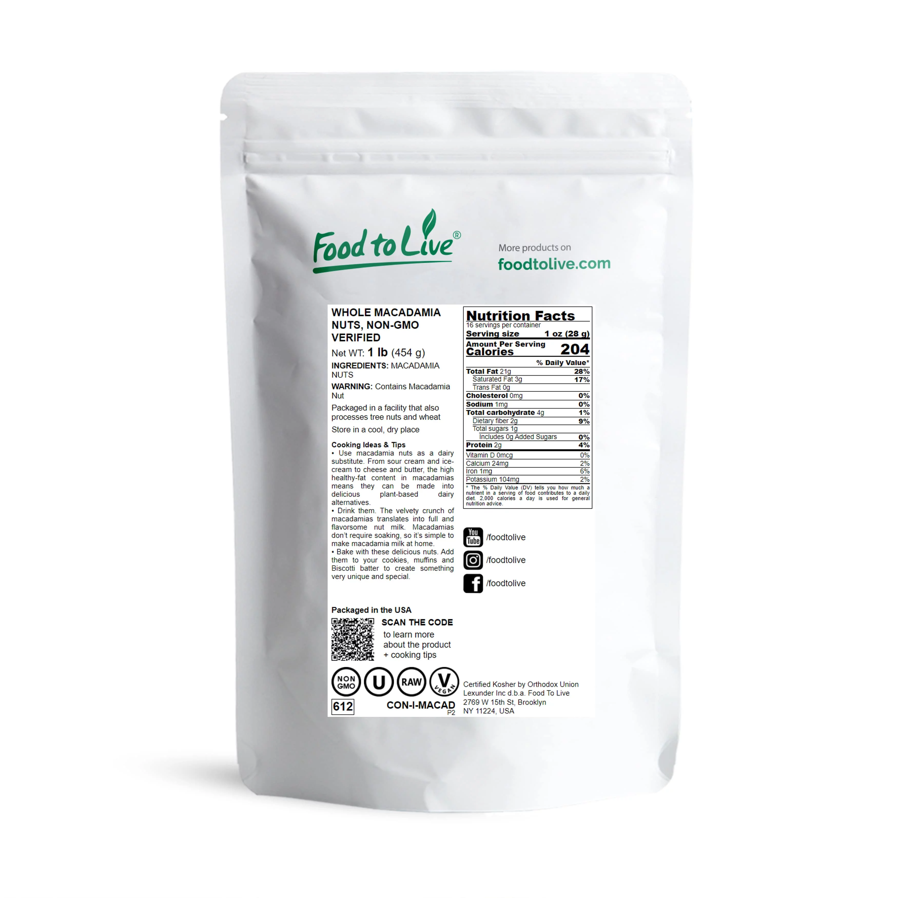 Food to Live, Whole Macadamia Nuts, 1 Pound, Non-GMO, Kosher