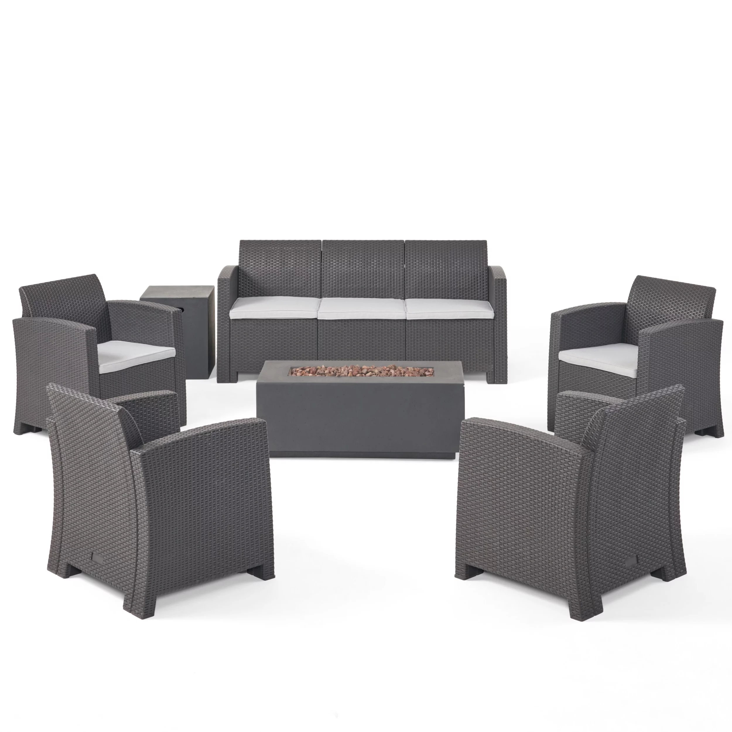 GDF Studio Flamingo Outdoor Faux Wicker 7 Seater Sofa and Club Chair Set with Fire Pit, Charcoal, Light Gray, and Dark Gray