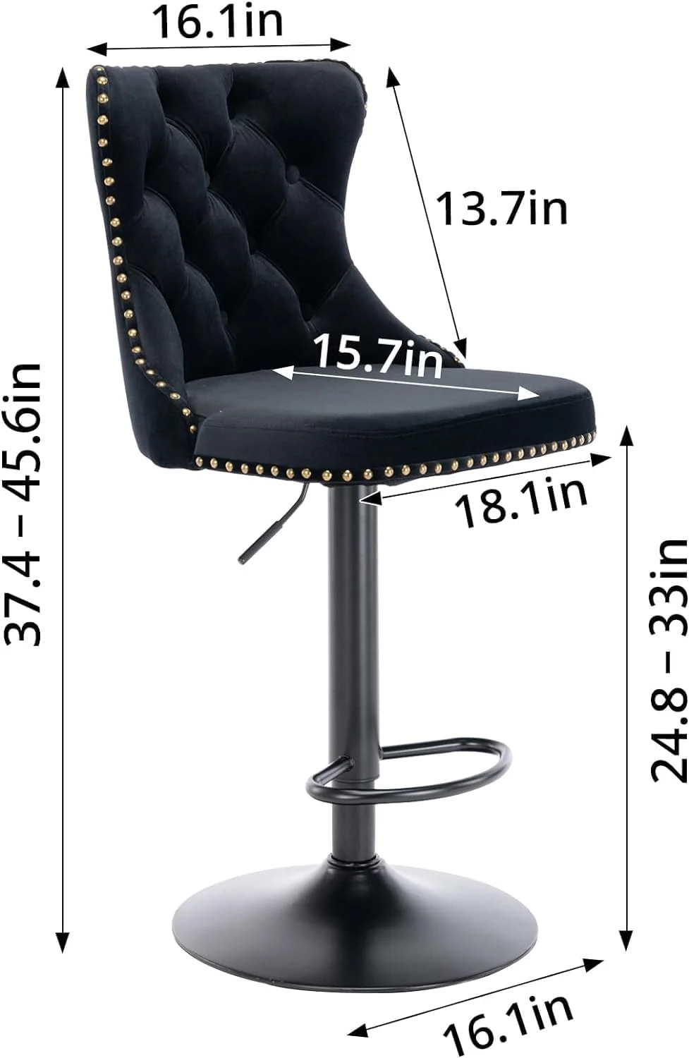 CLKHGFAR Stools   Adjustable Swivel Counter Height Barstools with Back for Kitchen Island  Velvet Upholstered  Chairs with Nailheads Trim and Sliver Footrest for Dining Room Pub  Black