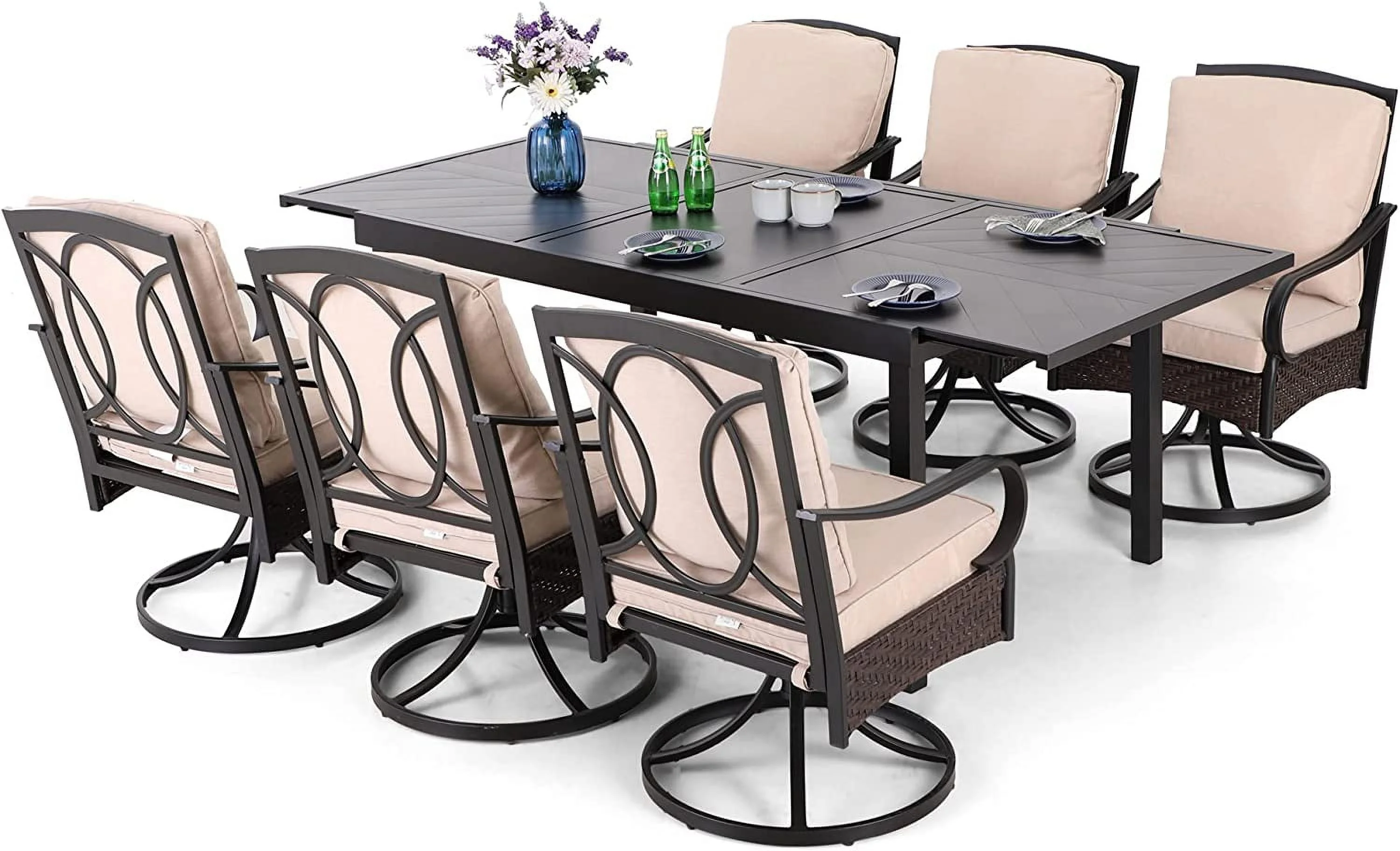 7 Pieces Patio Dining Set Outdoor Table and Chair Furniture Set with 6 Metal Swivel Chairs and 1 Retangle Extendable Table Beige Cushion