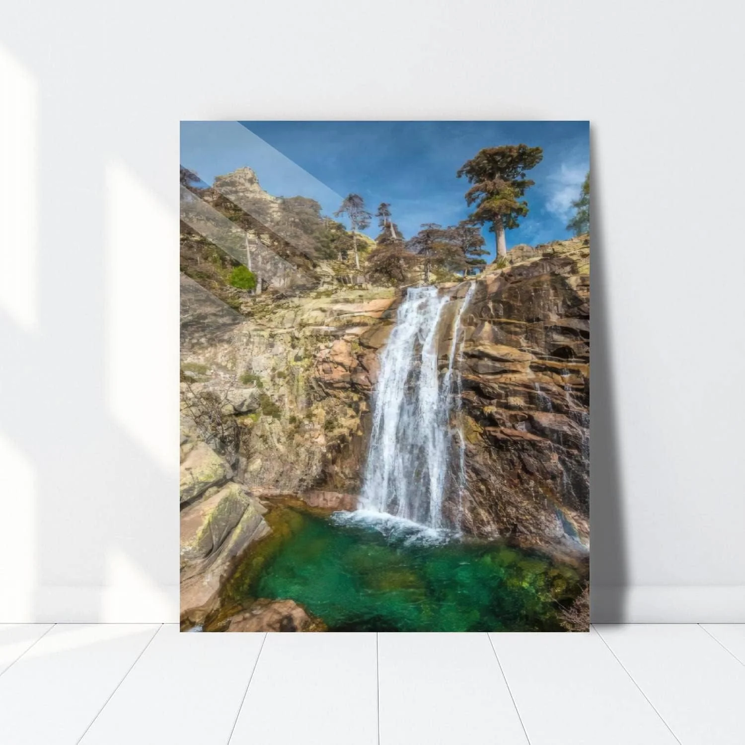 HelloGlass Tempered Glass Wall Art Decor Radule waterfall in High Golo Valley of Corsica Island Prints On Glass Paingting Picture Modern Artworks For Living Room Bedroom Office 12x8inch