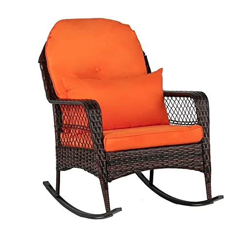 Outvita Rocking Chair, Outdoor PE Rattan Rocking Chair with Soft Orange Cushion and Pillow for Patio, Porch, Poolside, Living Room