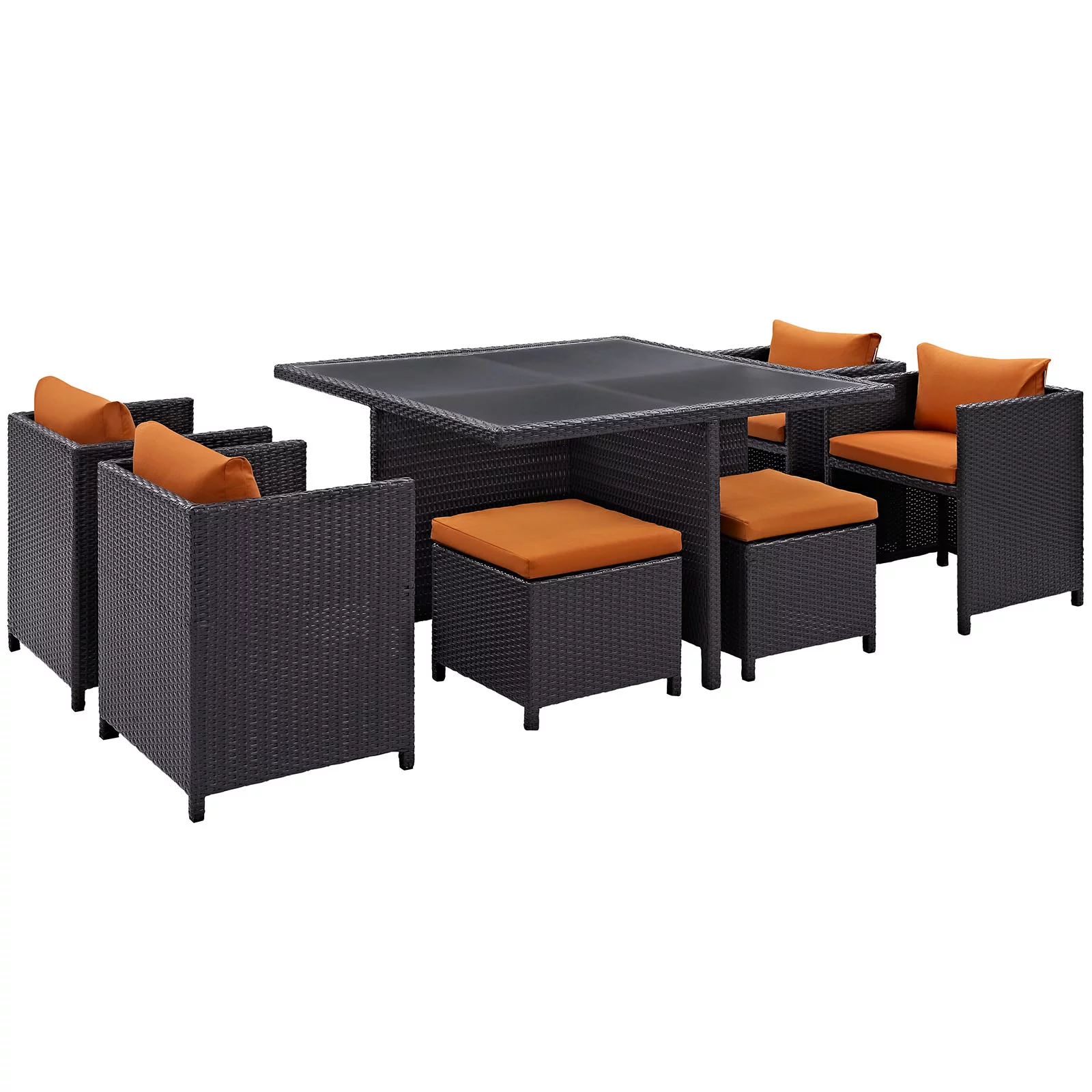 Modern Contemporary 9 Pcs Outdoor Patio Dining Set, Orange Plastic