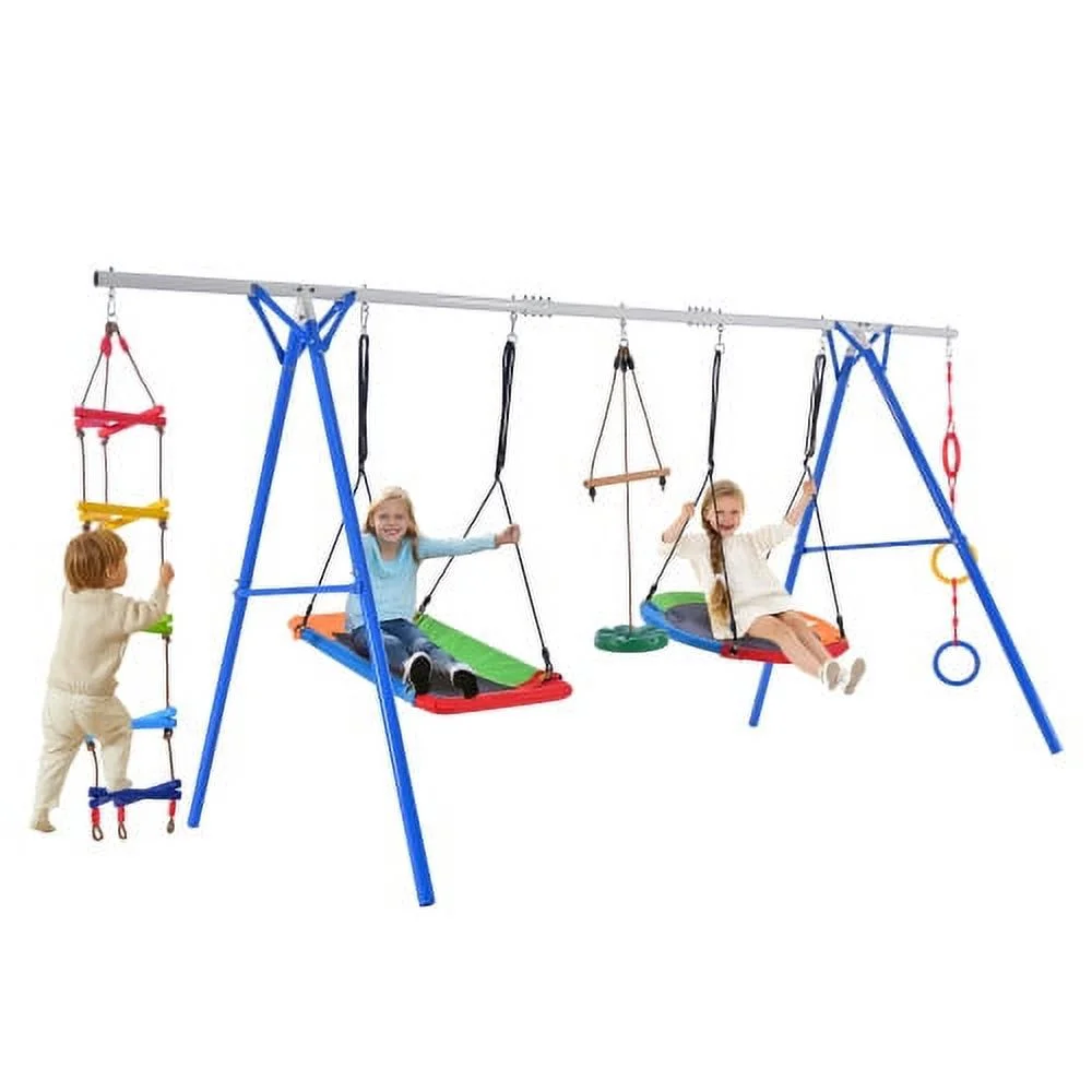 5 in 1 Outdoor Toddler Swing Set for Backyard, Playground Swing Sets with Steel Frame, Multifunction Playsets for Kids with Climbing Ladder, Saucer Swing, Monkey Bar Swing, Disc Swing and Swing Ring