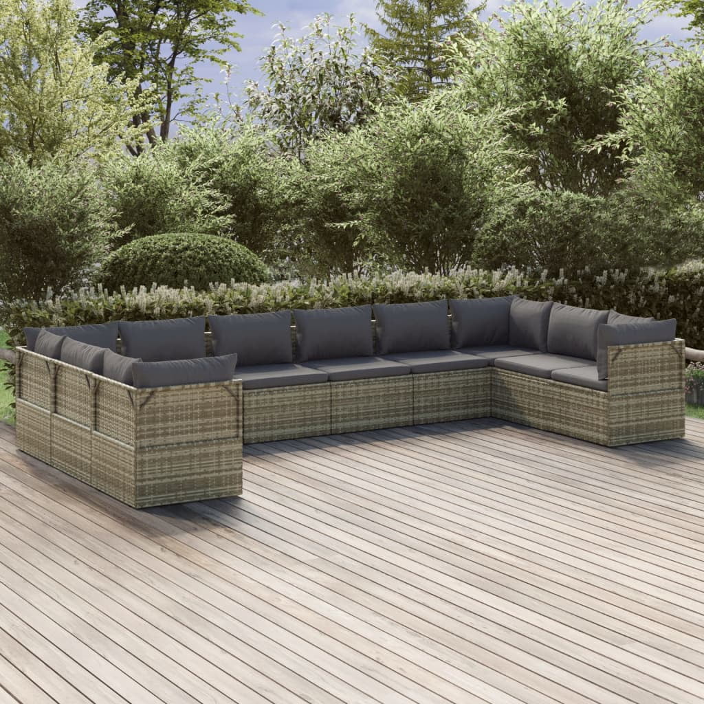 Anself 10 Piece Patio Set with Cushions Gray Poly Rattan