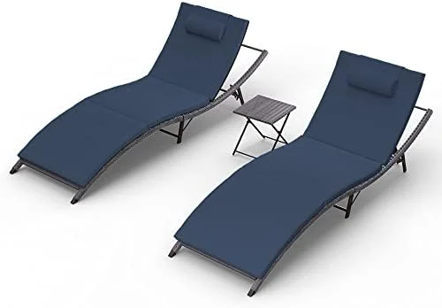 LNSETGC 3 Pieces Patio Chaise Lounge Set Outdoor PE Rattan Lounge Chair Adjustable Backrest Reclining Chair with  and Cushion for Patio Poolside Backyard Porch Beach(Navy Blue)