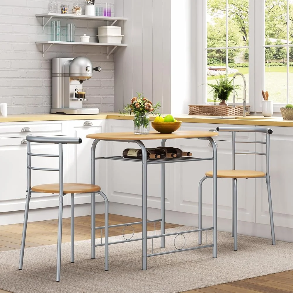 TJCGDTY 3 Piece Dining  Set  Kitchen  & Chair Sets for 2  Compact Bistro  Set with Steel Legs  Built-in Wine Rack for Small Space  Apartment  Breakfast Nook  Natural