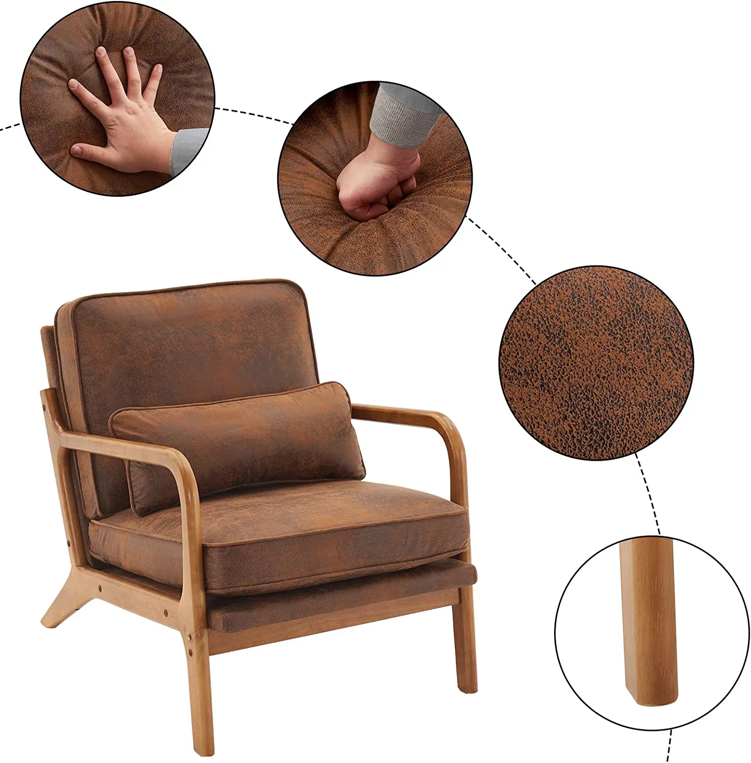 Accent Chair Mid-Century Modern Chair with Pillow Bronzing Cloth Lounge Arm Chair with Solid Wood Frame & Soft Cushion for Living Room, Bedroom, Belcony, Brown