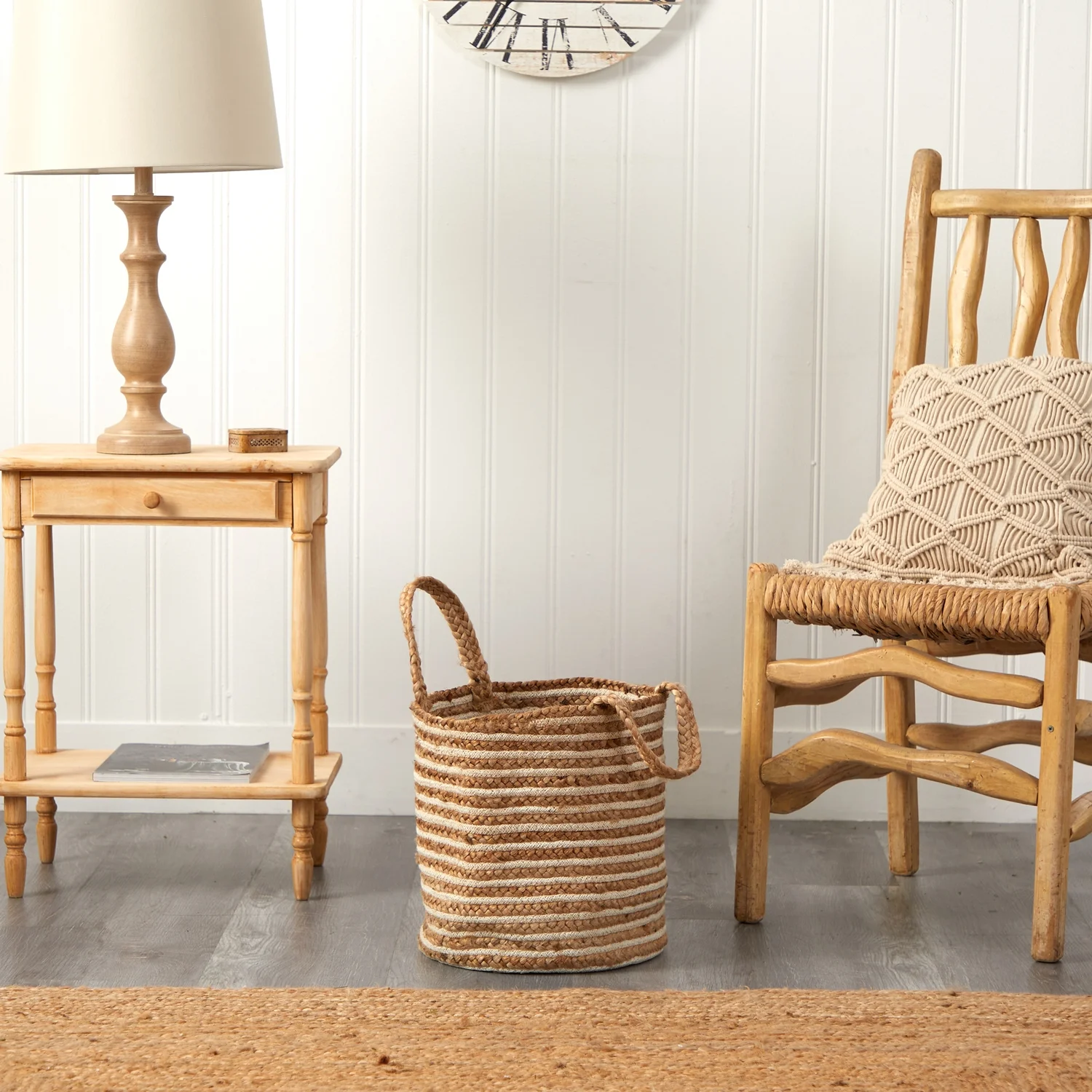 HomeStock 14In. Modern Marvel Basket Planter Cotton And Jute, Handwoven Stripe With Handles