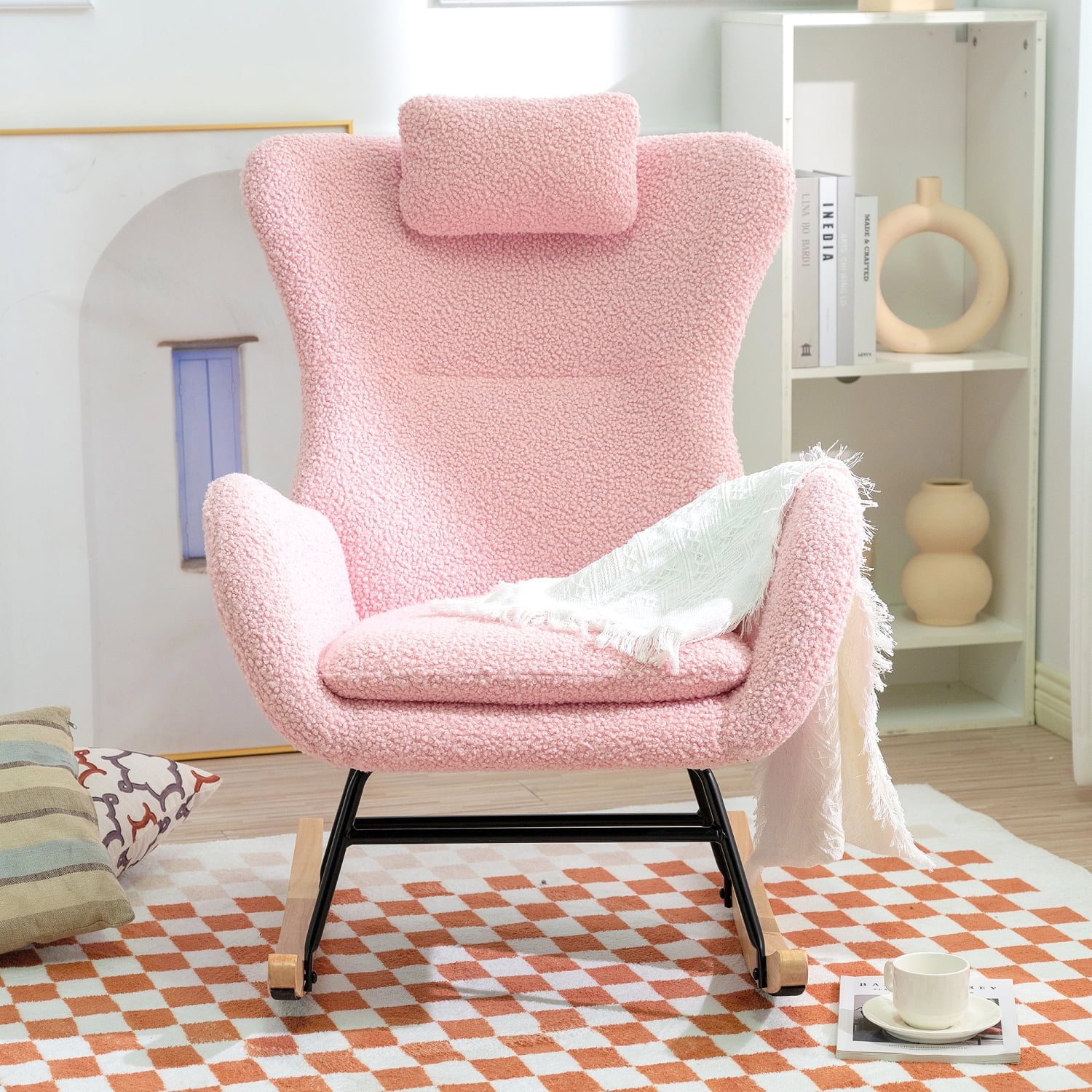 Rocking Chair Nursery  Teddy Upholstered Rocker Glider Chair with High Backrest  Adjustable Headrest & Pocket  Comfy Glider Chair for Nursery  Bedroom  Living Room  Offices  Rubber wood