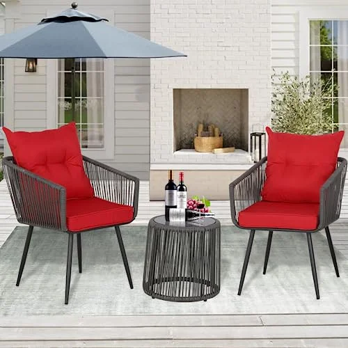 3 Piece Outdoor Bistro Set Patio Set Balcony Furniture Outdoor Furniture Rattan Chair Conversation Sets with Side Table for Porch, Backyard, Balcony (DGRY-Red)