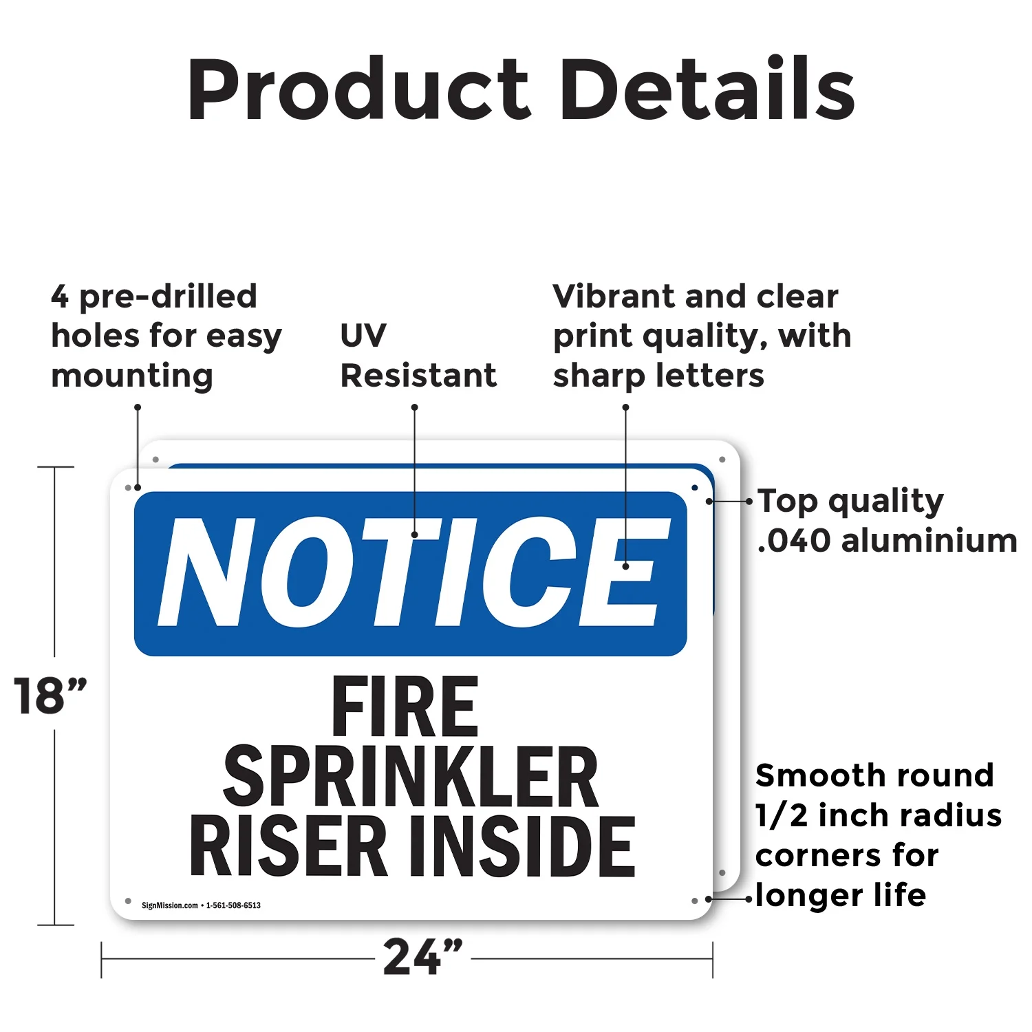 (2 Pack) Fire Sprinkler Riser Inside OSHA Notice Sign 24 Inch X 18 Inch Indoor / Outdoor Rust-Free Aluminum Metal Signs for Workplace, Workshop, and Construction Site, Made in the USA