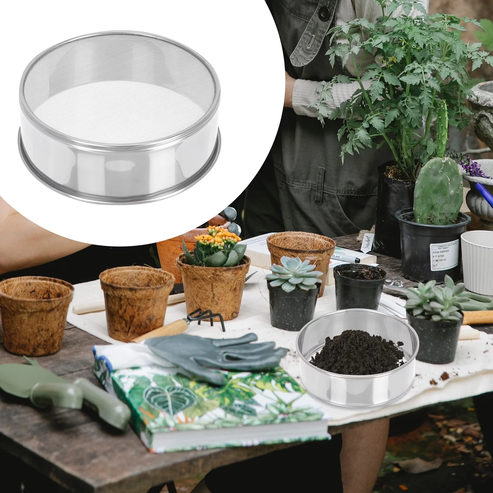 Soil Sieve Sifting Pan Mesh Garden Bonsai Sifter Gardening Strainer Flour Sift Manual Seeding Metal Steel Stainless