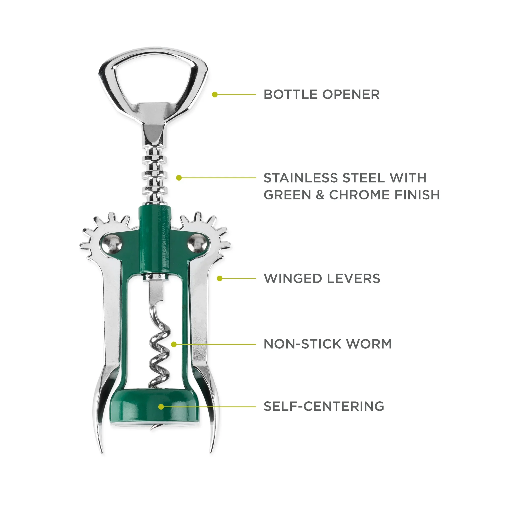 True Soar Green Winged Corkscrew, Self Centering Worm, Bottle Opener
